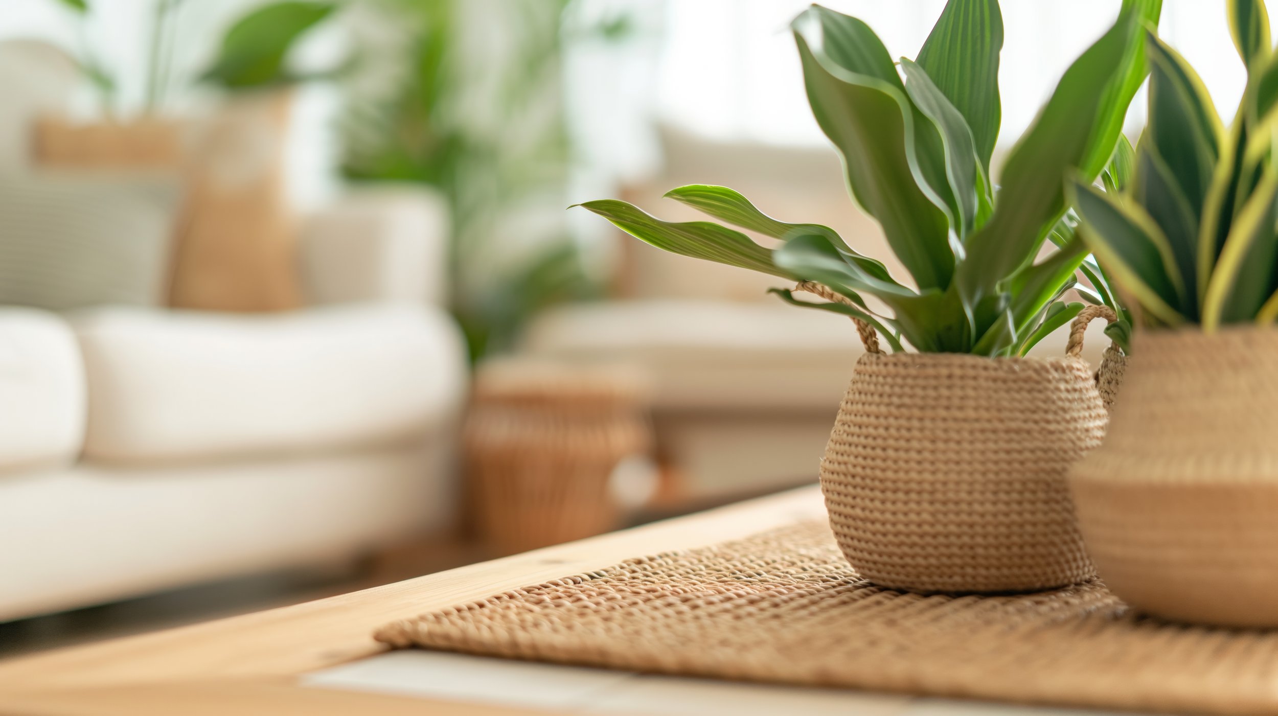 A potted green plant with elongated leaves in a woven basket placed on a wooden table.
