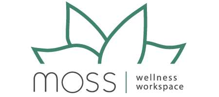 Logo for Moss Wellness Workspace featuring stylized green leaves and text.