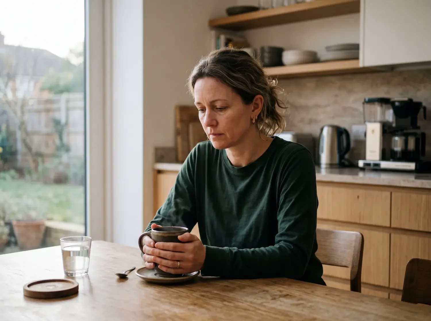Woman in her mid-40s at a quiet kitchen table in early morning light — chronic stress and women's health care at Concierge Medicine of South Shore