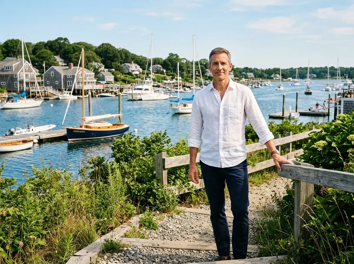 Man near South Shore harbor on a summer morning — men's preventive care and cardiovascular health at Concierge Medicine of the South Shore