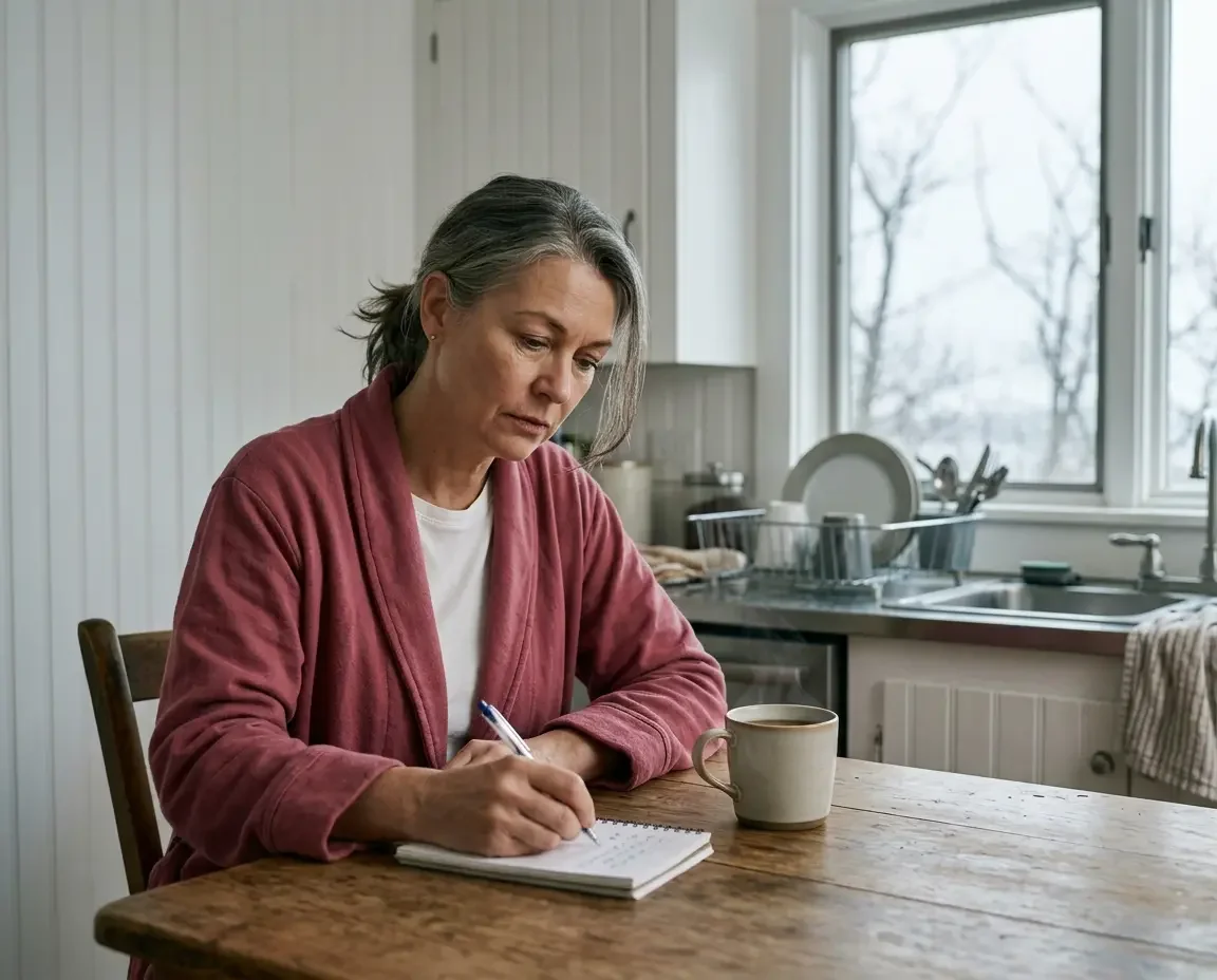 Woman in her forties tracking perimenopause symptoms like brain fog and mood changes in a morning journal