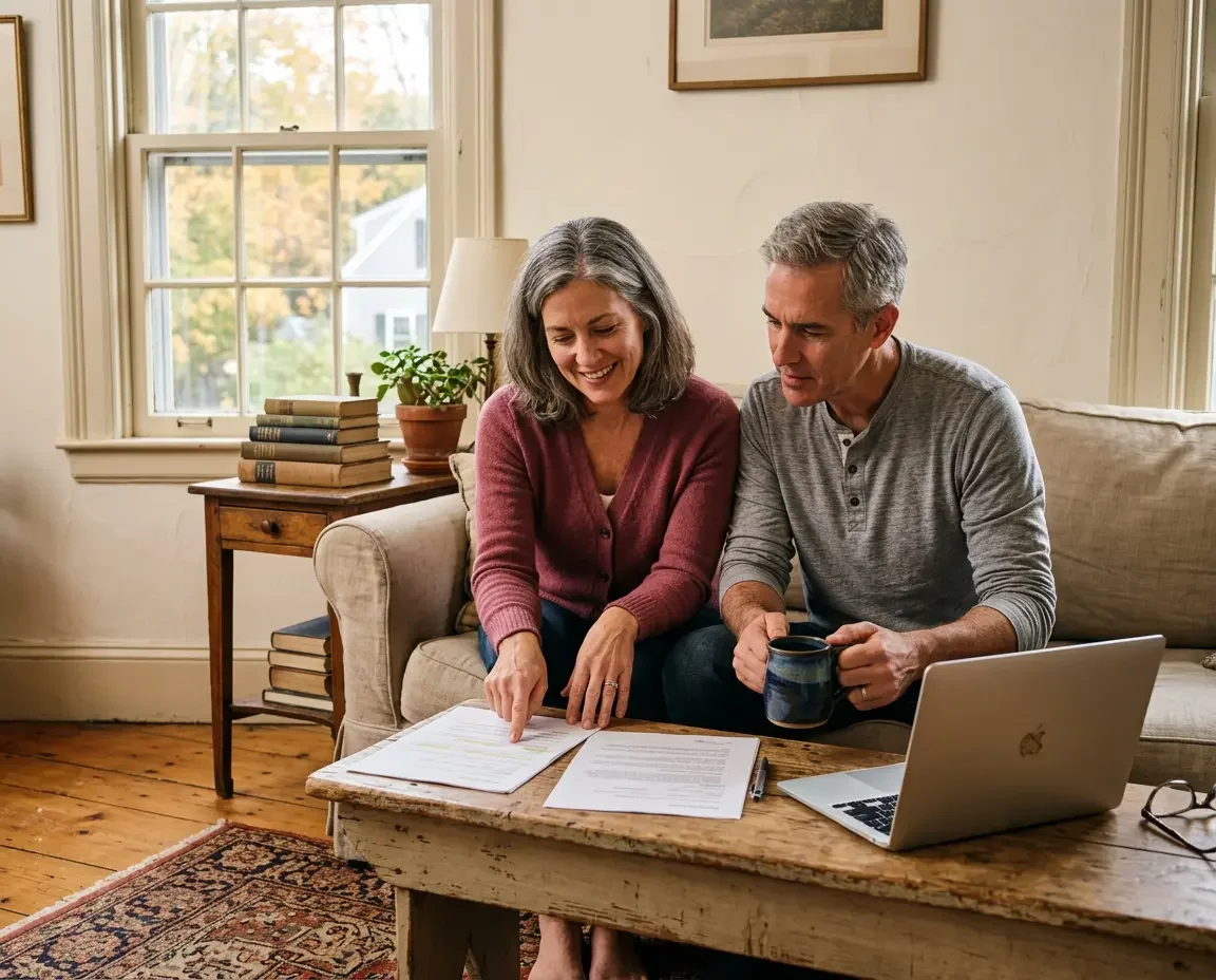 Couple comparing direct primary care and concierge medicine membership options at home on the South Shore