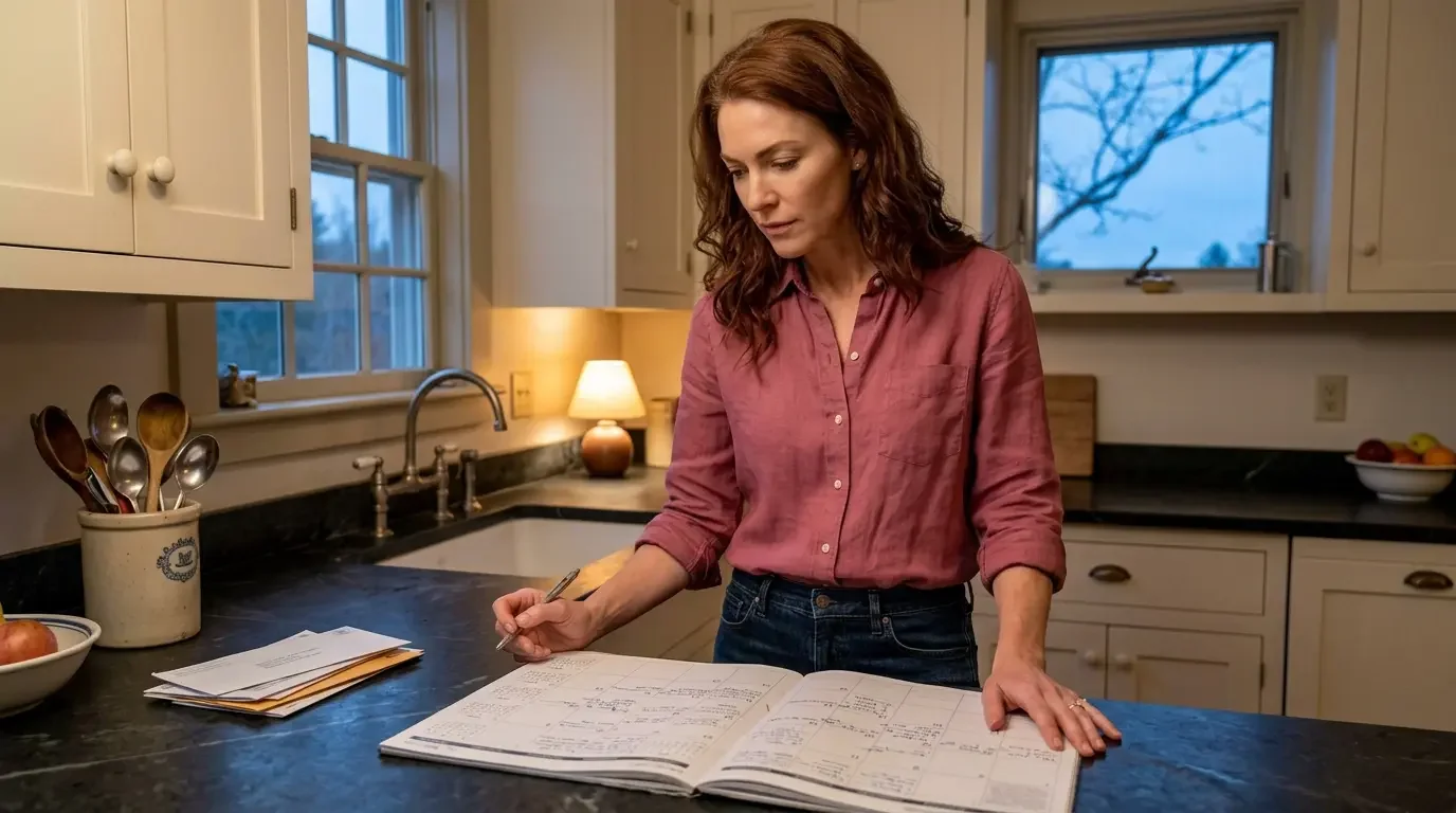 Woman in her forties tracking several months of cycle notes to distinguish thyroid symptoms from perimenopause