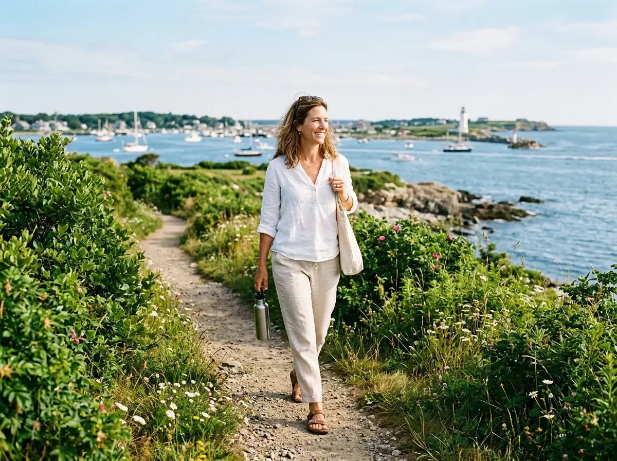 Woman on South Shore coastal path on a summer morning — summer health risks and preventive care at Concierge Medicine of the South Shore