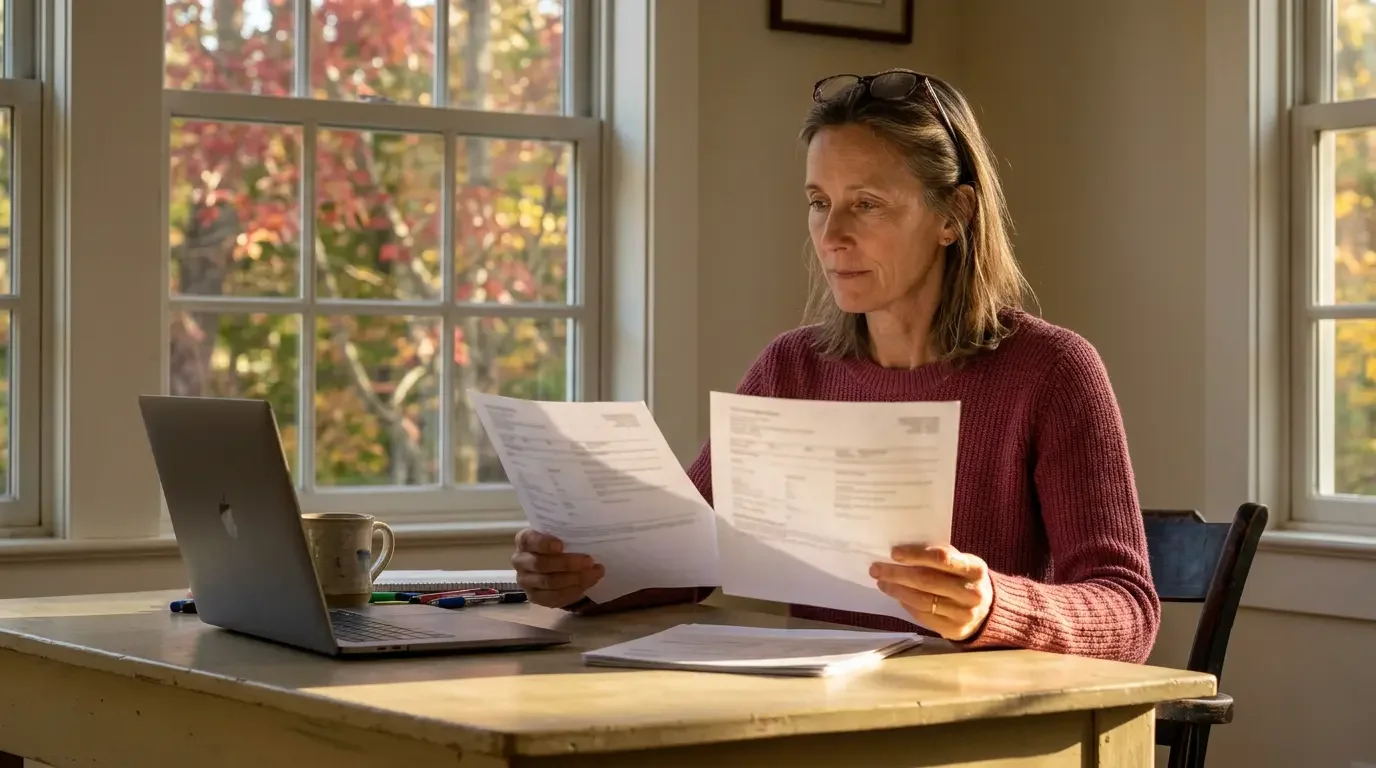 Woman in her fifties comparing prior lipid panels to track cholesterol changes after menopause