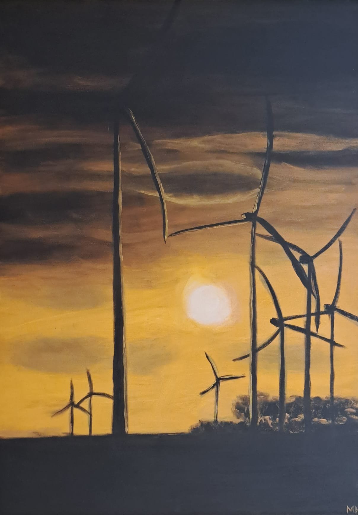 Windmolens bij zonsondergang - Olieverf op doek 2025, 70 x 50 cm - VERKOCHT