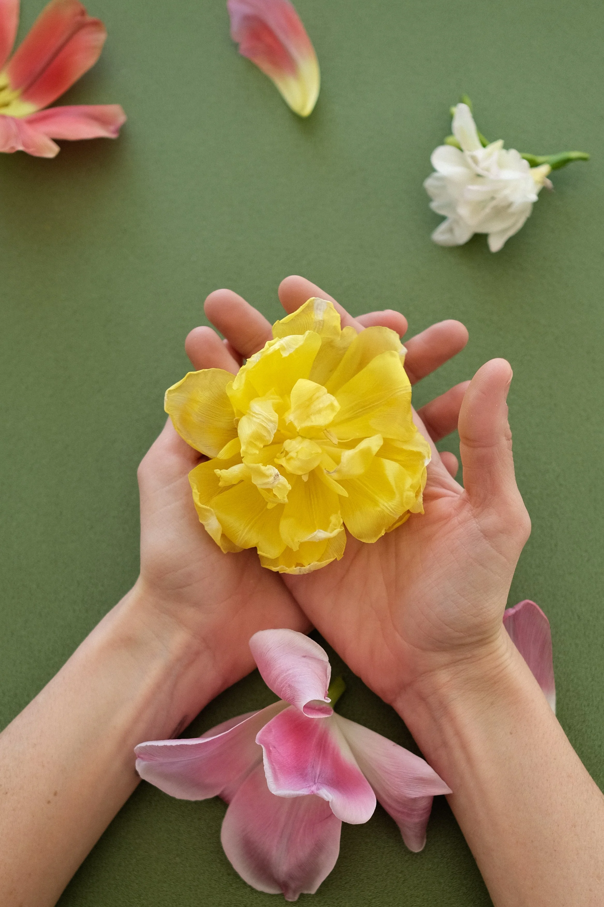 A woman practicing yoga or meditation outdoors, sitting cross-legged on a black yoga mat on a wooden deck, next to a white curtain, wearing a cream-colored long-sleeve shirt with shell illustration and beige leggings.