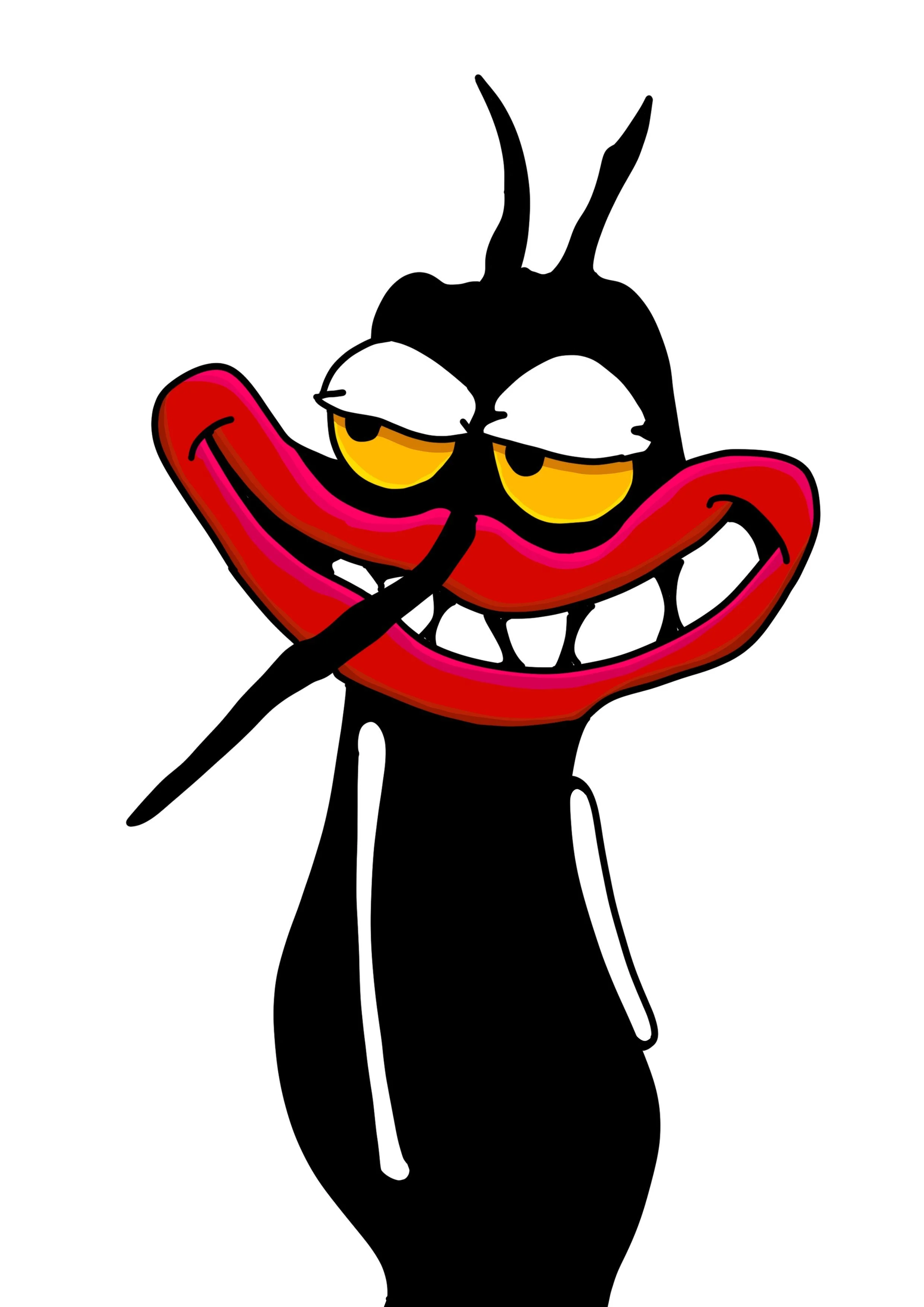 Cartoon black cat with yellow eyes, red lipstick smile, and exaggerated facial features, holding a stick in its mouth.