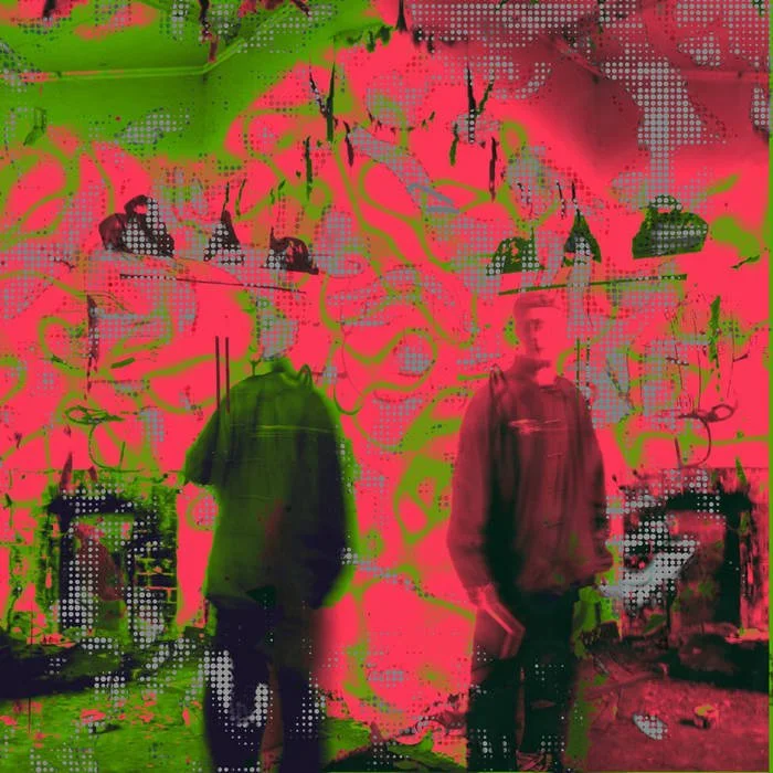 Abstract photo with two blurred figures standing in front of a vibrant, graffiti-covered wall with green and pink spray paint.