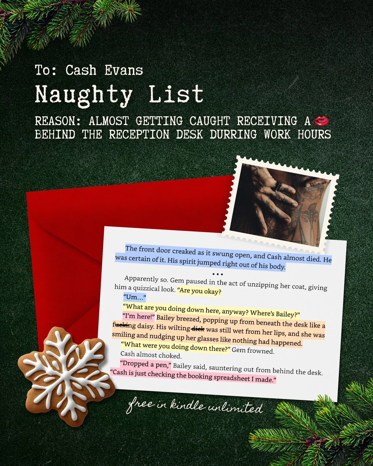 Cash is on Santa&rsquo;s naught list 🤭📝

📖 Merry Inkmas by Talia Hibbert 

The infamous tattoo artist&rsquo;s been watching geeky Bailey Cooper for months, but that&rsquo;s all he&rsquo;ll ever do: watch. Bailey&rsquo;s too sweet, too smart, too g
