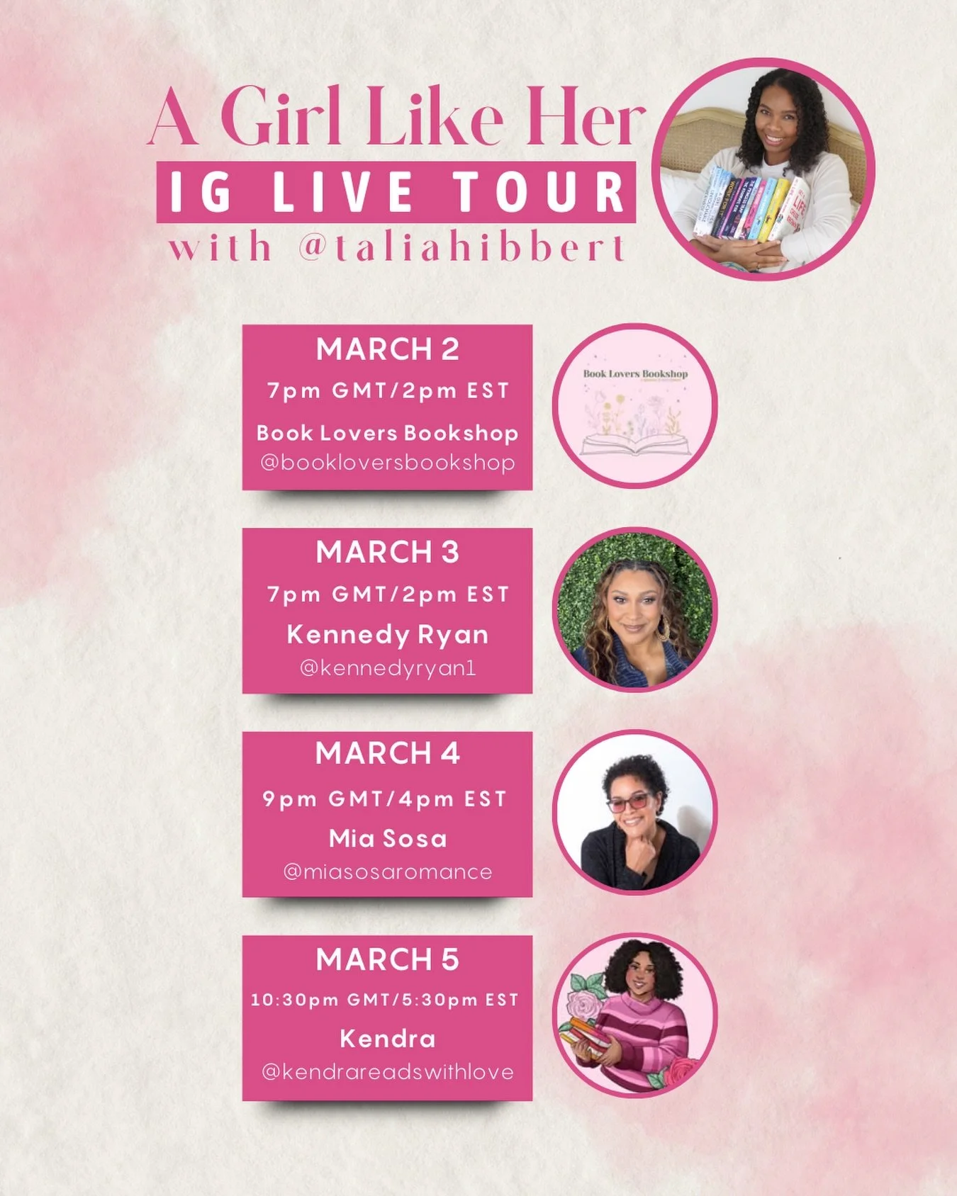Hello, darlings! You are cordially invited to my virtual launch party for A Girl Like Her 🎉💕 

I&rsquo;m thrilled to be chatting via IG Live with: 

March 2 - @bookloversbookshop 
7pm GMT/2pm EST 

March 3 - @kennedyryan1 
7pm GMT/2pm EST

March 4 