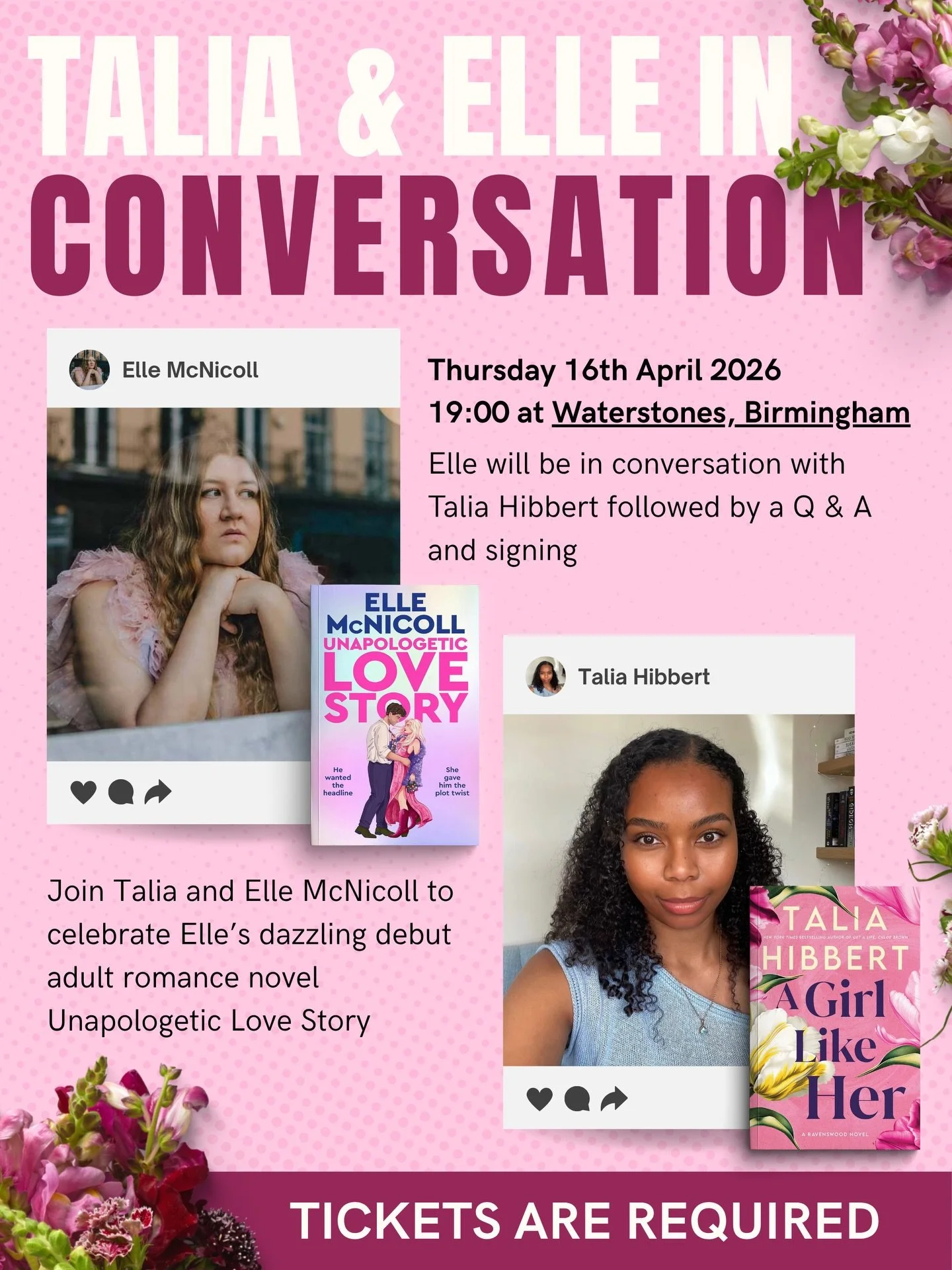 I am thrilled to announce that I&rsquo;ll be in conversation with the fabulous, @ellemcnicollofficial, next week! 💕

Join us on 16th April at Waterstones, Birmingham to celebrate her debut adult romance novel Unapologetic Love Story! 

🎟️ Tickets l