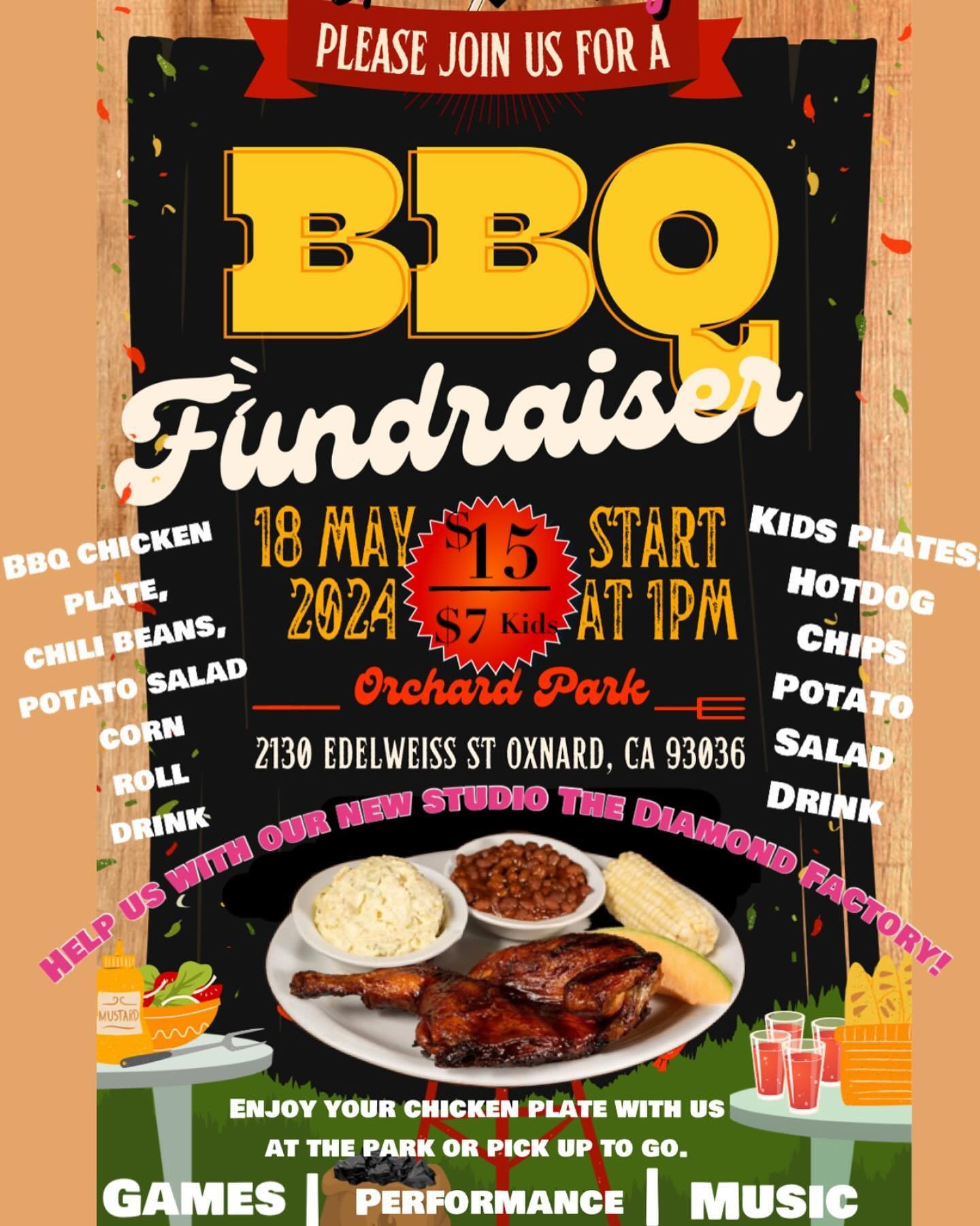 Join us this Saturday for our BBQ fundraiser! As we celebrate opening our new Studio!!! Pre order your plates and come enjoy a great time with our Diamonds 💎 chicken will be prepared by @daisiasdeliciouschicken don&rsquo;t miss out!