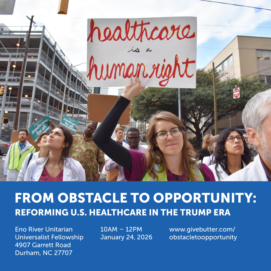 Crowd with woman holding protest sign that says "healthcare is a human right". Below is the event details described on this page.