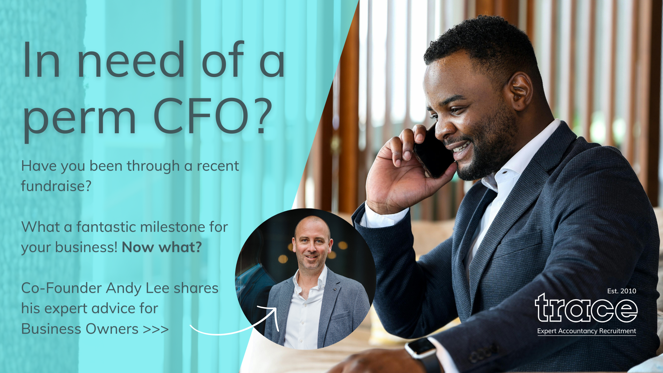 Business owner on phone discussing his first CFO hire with Trace Recruitment