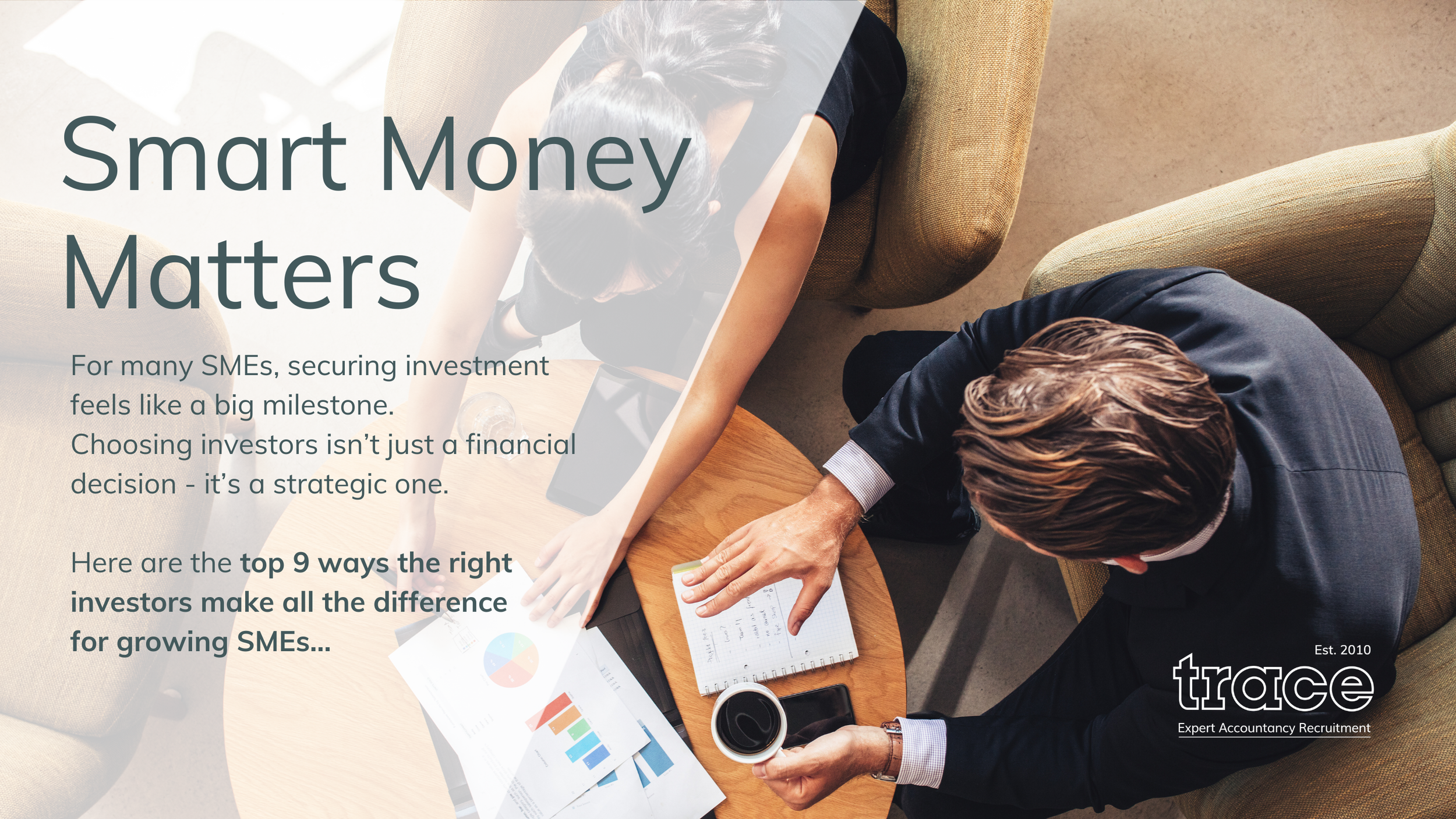 Business owners discussing investor options sitting at a table with graphs and coffee