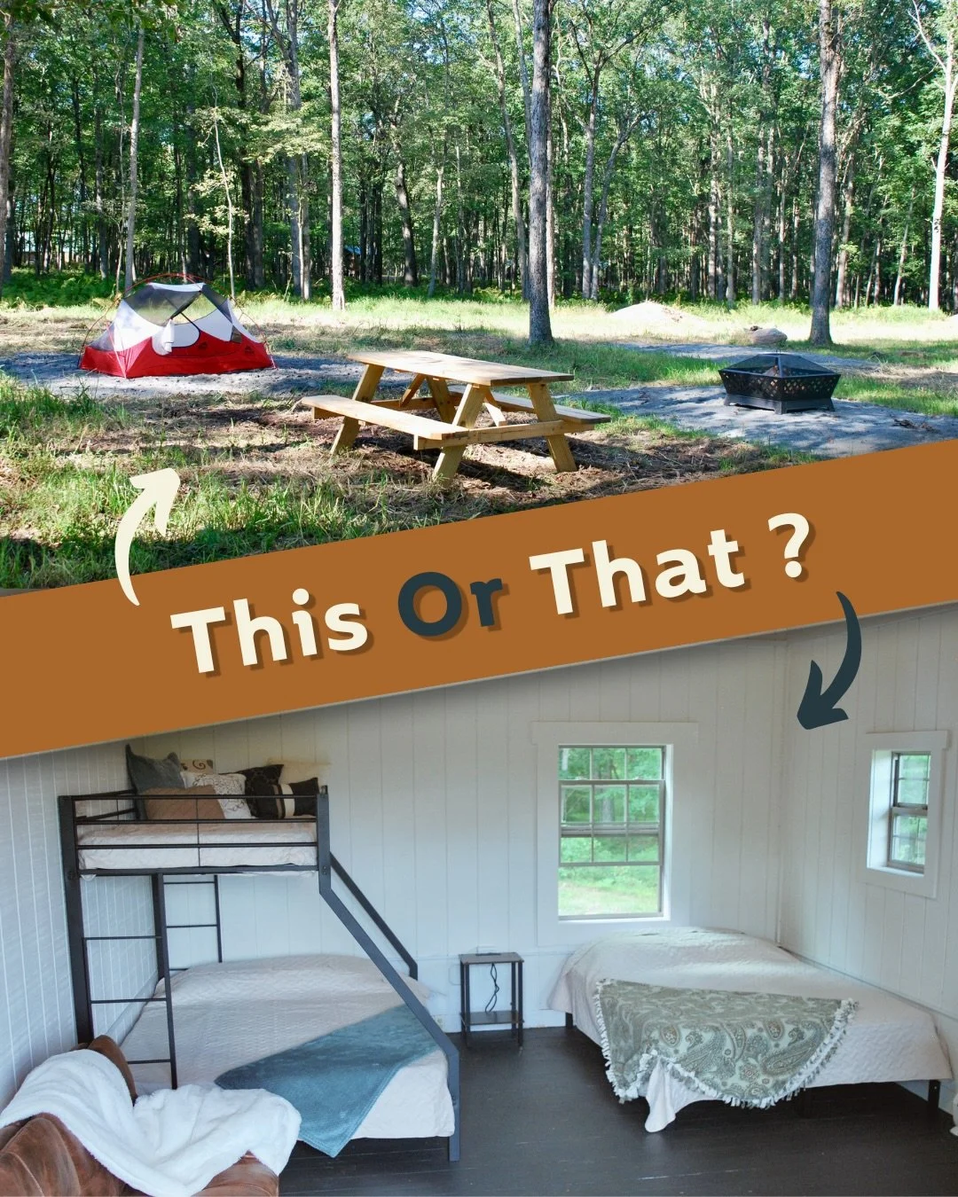 This or that? 🏕️ Drop your vote below! 👇

🛖 Cabin glamper &mdash; wake up in cozy comfort with a real bed, rustic charm, and all the mountain vibes with a touch of home. 

⛺ Tent camper &mdash; fall asleep under the stars, breathe in that fresh Po