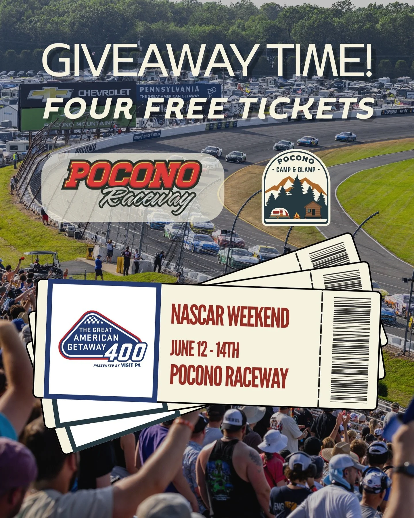 🏁 GIVEAWAY &mdash; 4 Tickets to the Great American Getaway 400! 🏁

We're giving away 4 tickets to the NASCAR Race Weekend hosted at @poconoraceway for Sunday, June 14th!

To enter:   👉 Follow @PoconoCampAndGlamp  👉 Like this post  👉 Tag someone 