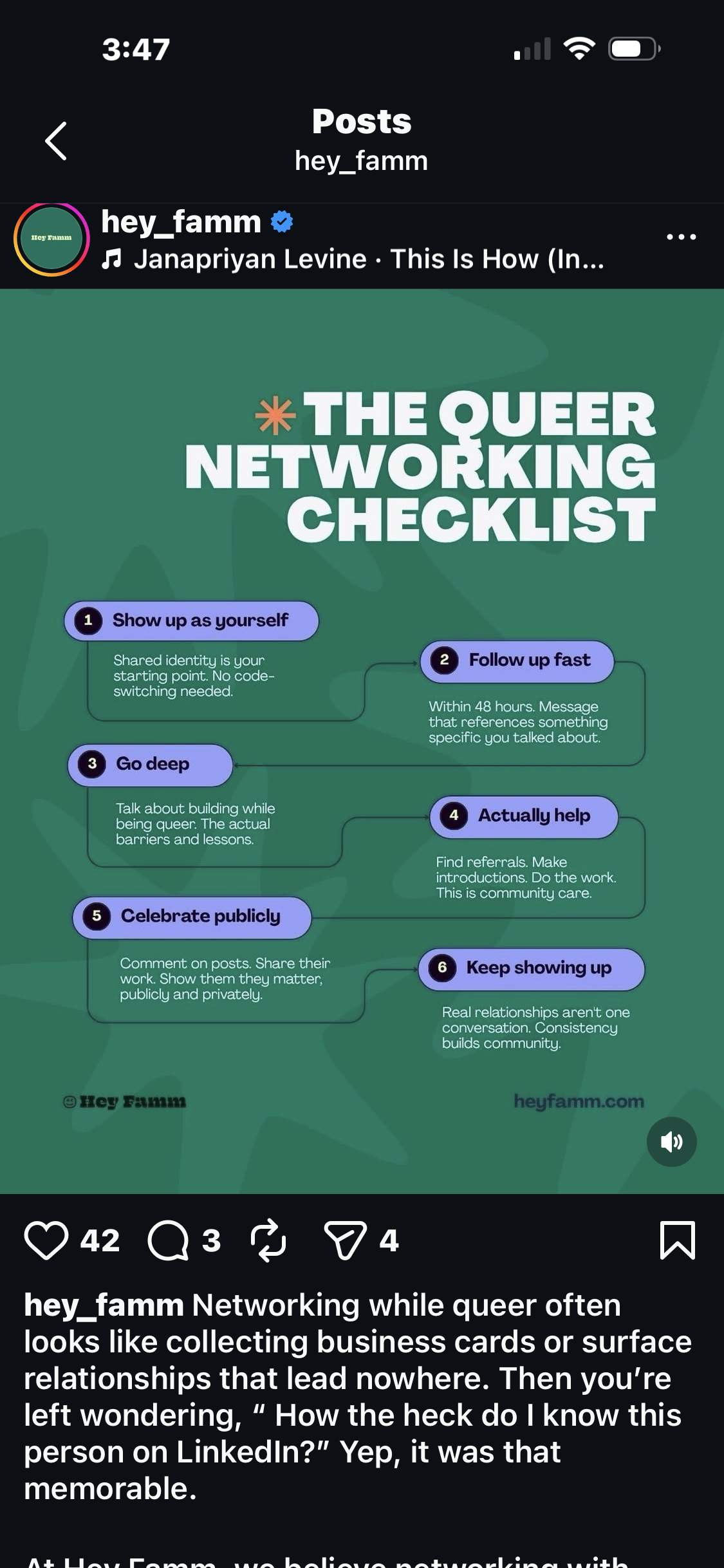 A screenshot of a post from instagram. Hey Famm posted 'The Queer Networking Checklist"