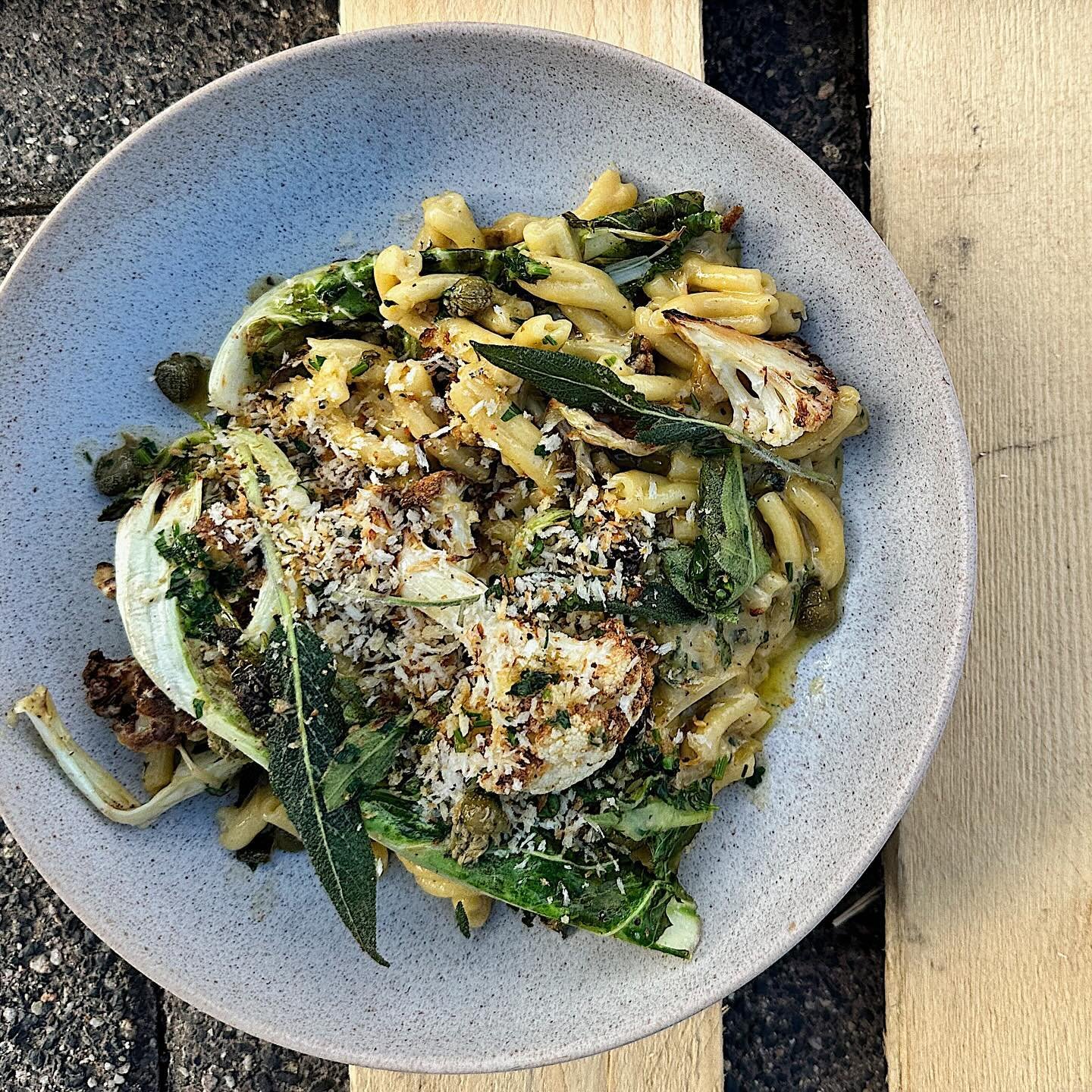 Recipe development with @phillipmccrilly 

@capparelli_cooks Casarecce with @wheresthatjoebuck Young Buck Sauce, Roasted Cauliflower, Sage Pangrattato, &amp; Brown Butter

Full recipe to follow on the website

#testkitchen #artisanpasta #recipedevelo