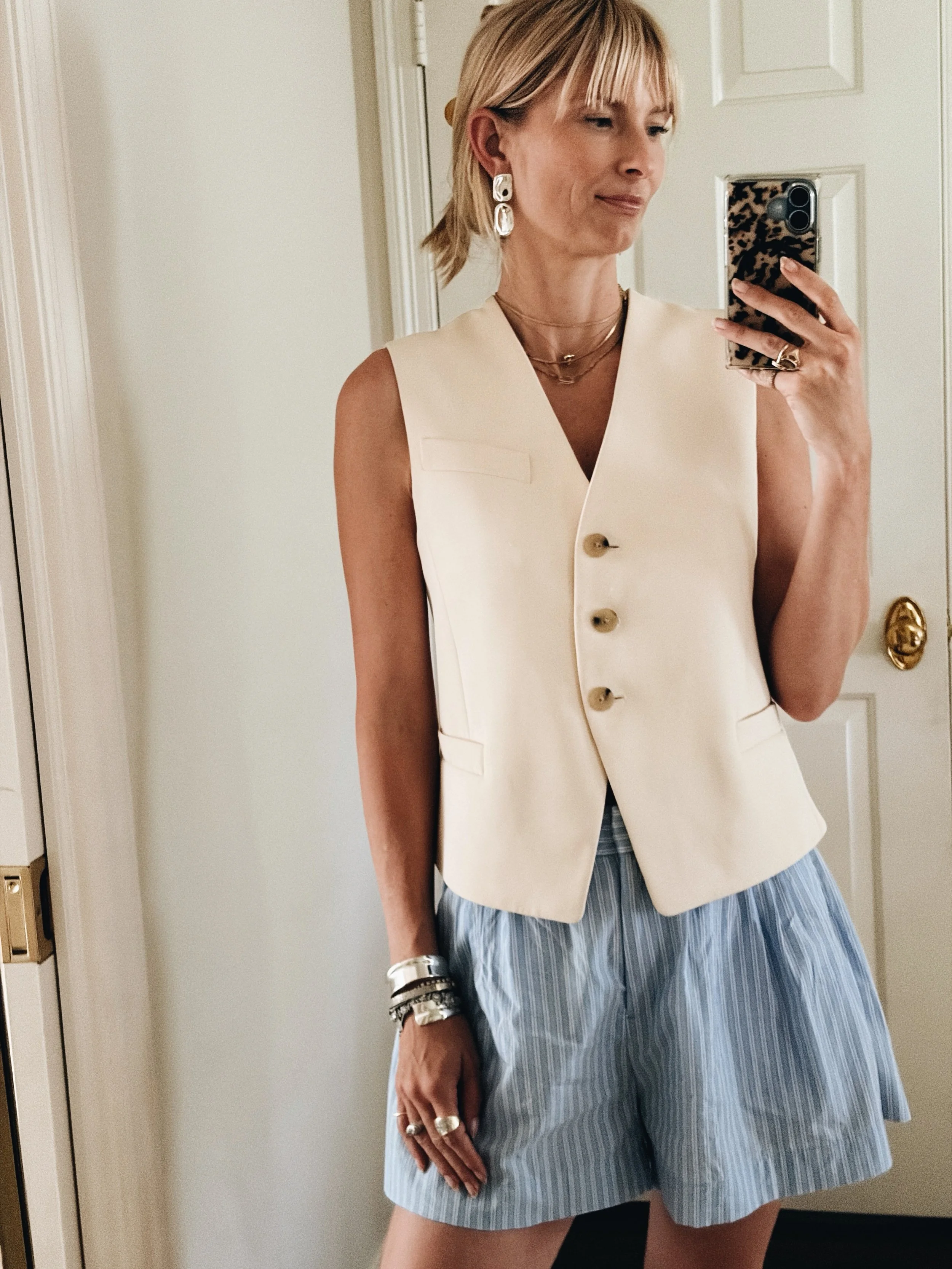 How to style the boxer shorts trend, as a grown a$$ lady? Sure, tees and tanks with a chunky, flat sandal are great for off duty days. But a vest is my go-to when I need to elevate in a heatwave. 

Because it is summer&rsquo;s answer to a blazer, aft