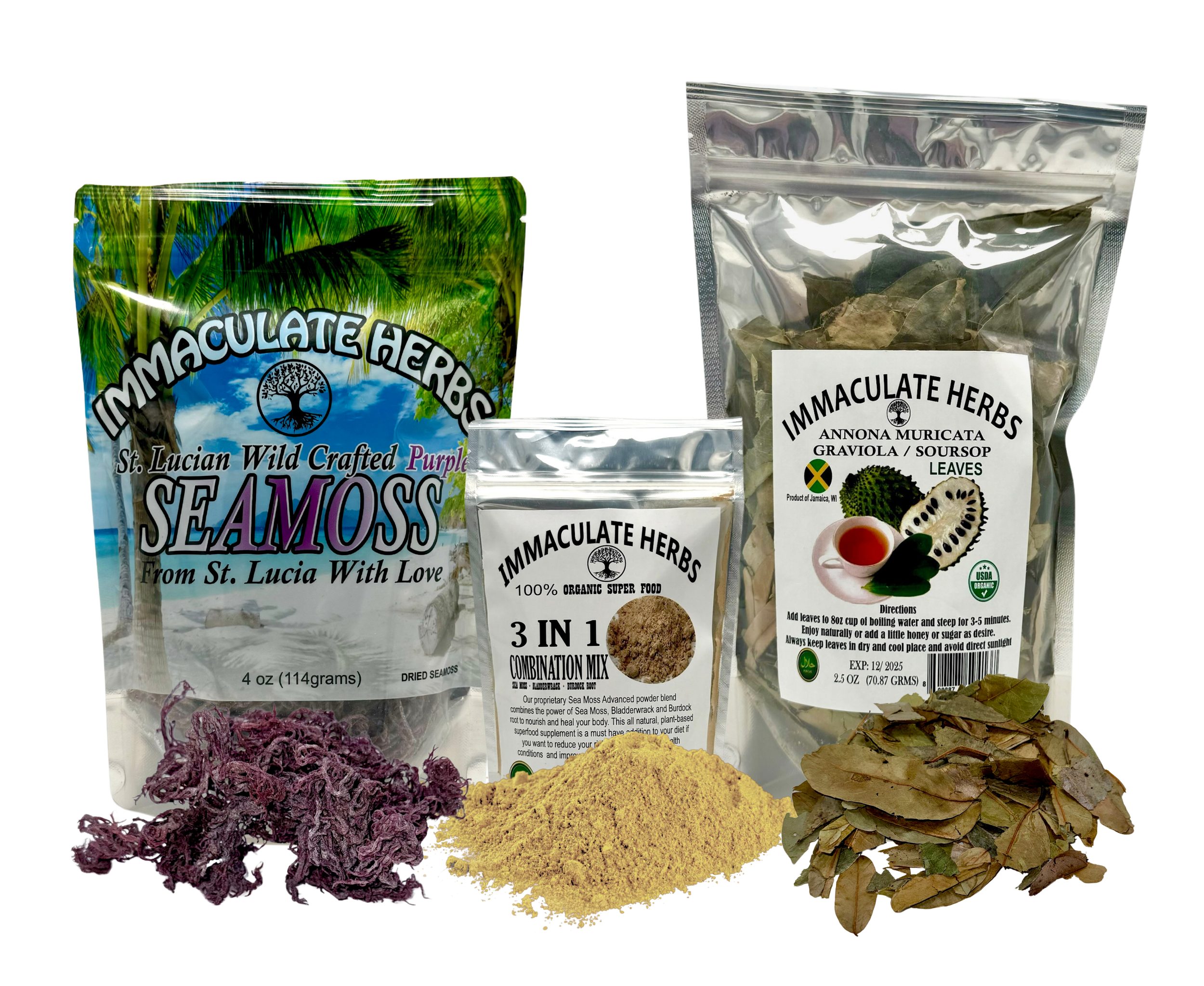 Assorted Immaculate Herbs products including Sea Moss, soursop leaves, and a 3-in-1 combination mix with dried herbs, displayed in packaging with some contents visible.