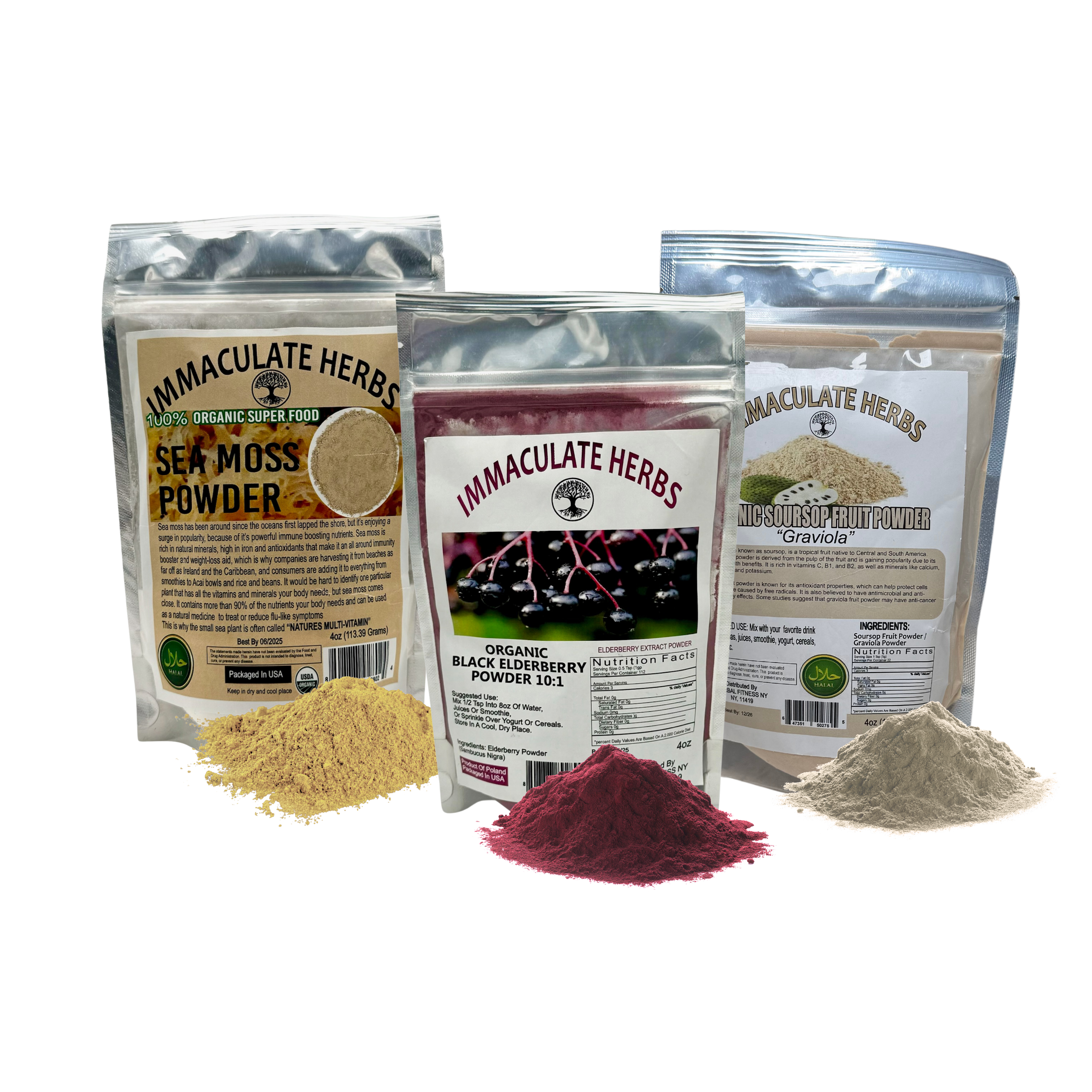 Image of three Immaculate Herbs products: Sea Moss Powder, Organic Black Elderberry Powder, and Organic Soursop Fruit Powder, each in resealable bags with corresponding powders displayed in front.
