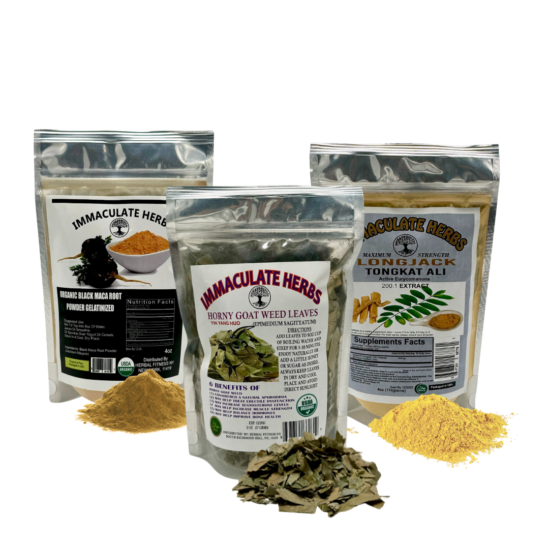 Immaculate Herbs packaging display featuring Horny Goat Weed Leaves, Organic Black Maca Root Powder, and Longjack Tongkat Ali extracts. men's health wellness, libido, testosterone boosters.