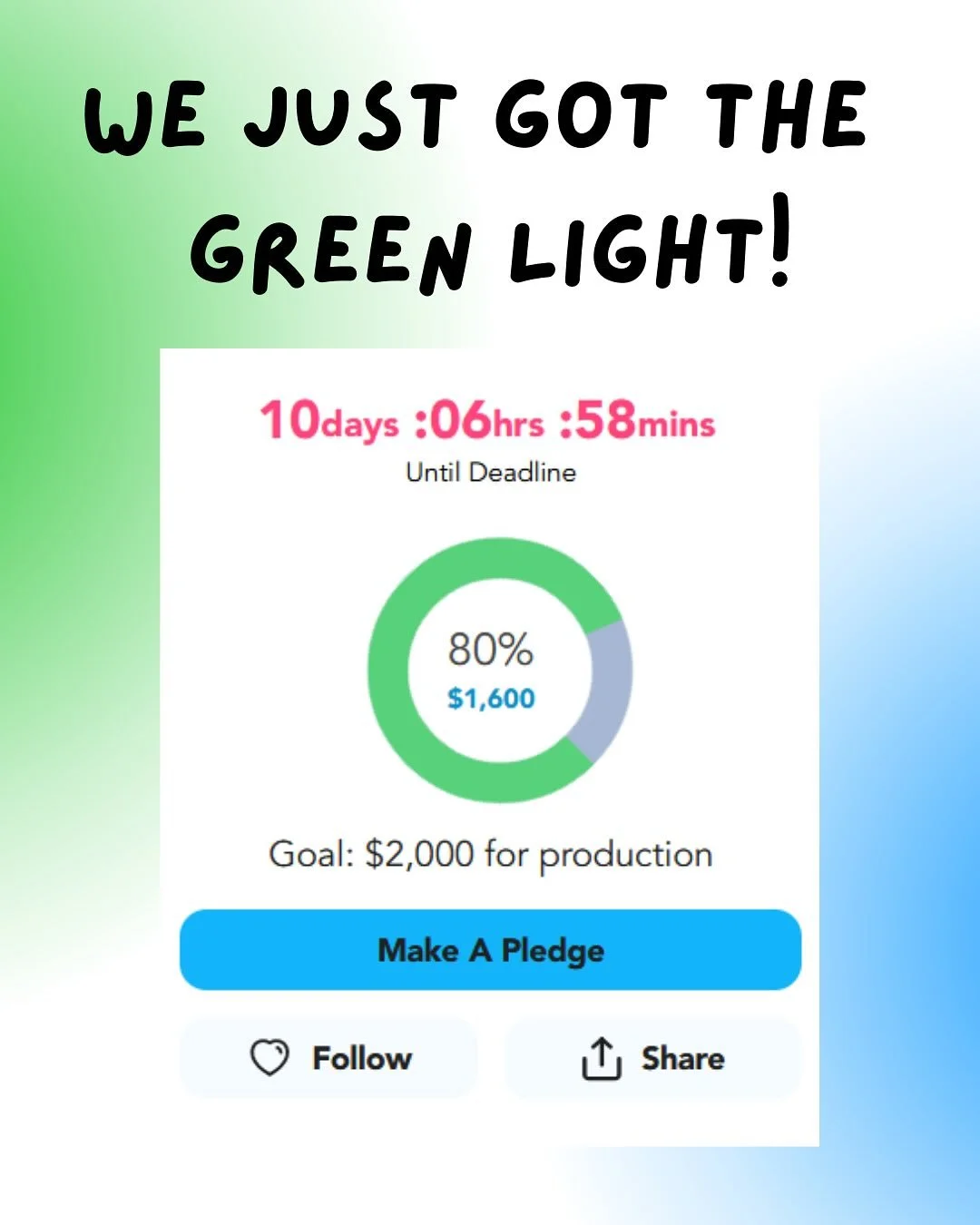 HUGE NEWS! One Last Thing has been green-lit on Seed&amp;Spark! Thank you to everyone who has donated, shared a post, or helped spread the positive vibes. We have 10 more days to reach our goal of $2,000 for production!