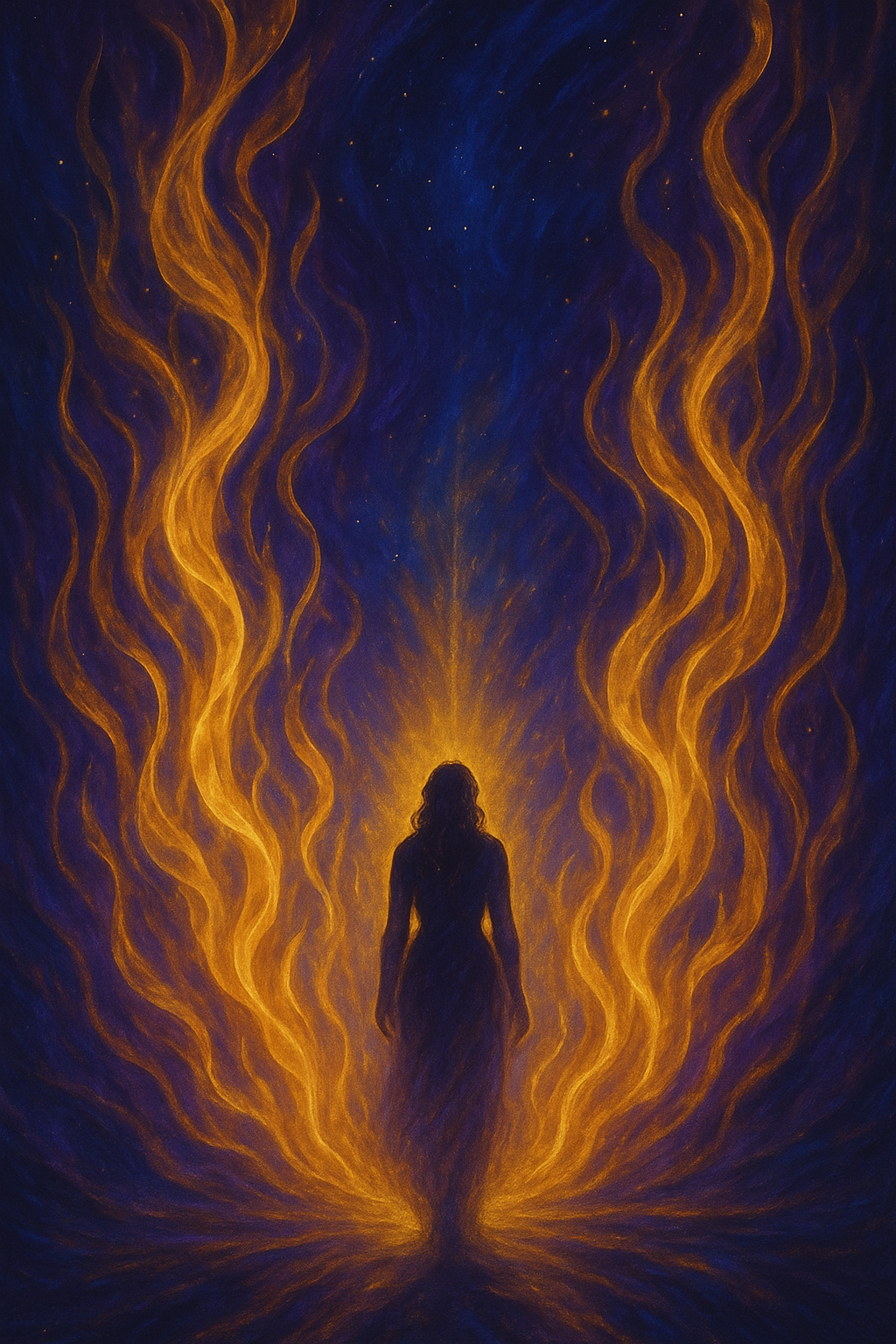 A silhouette of a woman standing amidst glowing orange flames or energy waves rising behind her against a dark blue night sky with stars.
