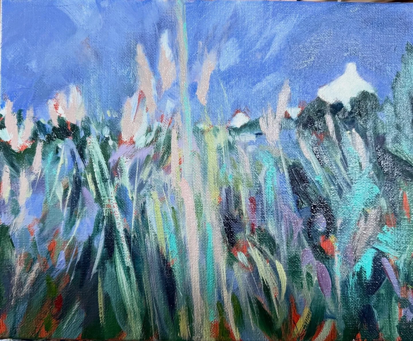 I&rsquo;m enjoying working sat low down looking up at the plant life in its randomness. Doing this though, it feels harder to get depth into these small paintings because of no clear pathway through the pampas grass and foliage.