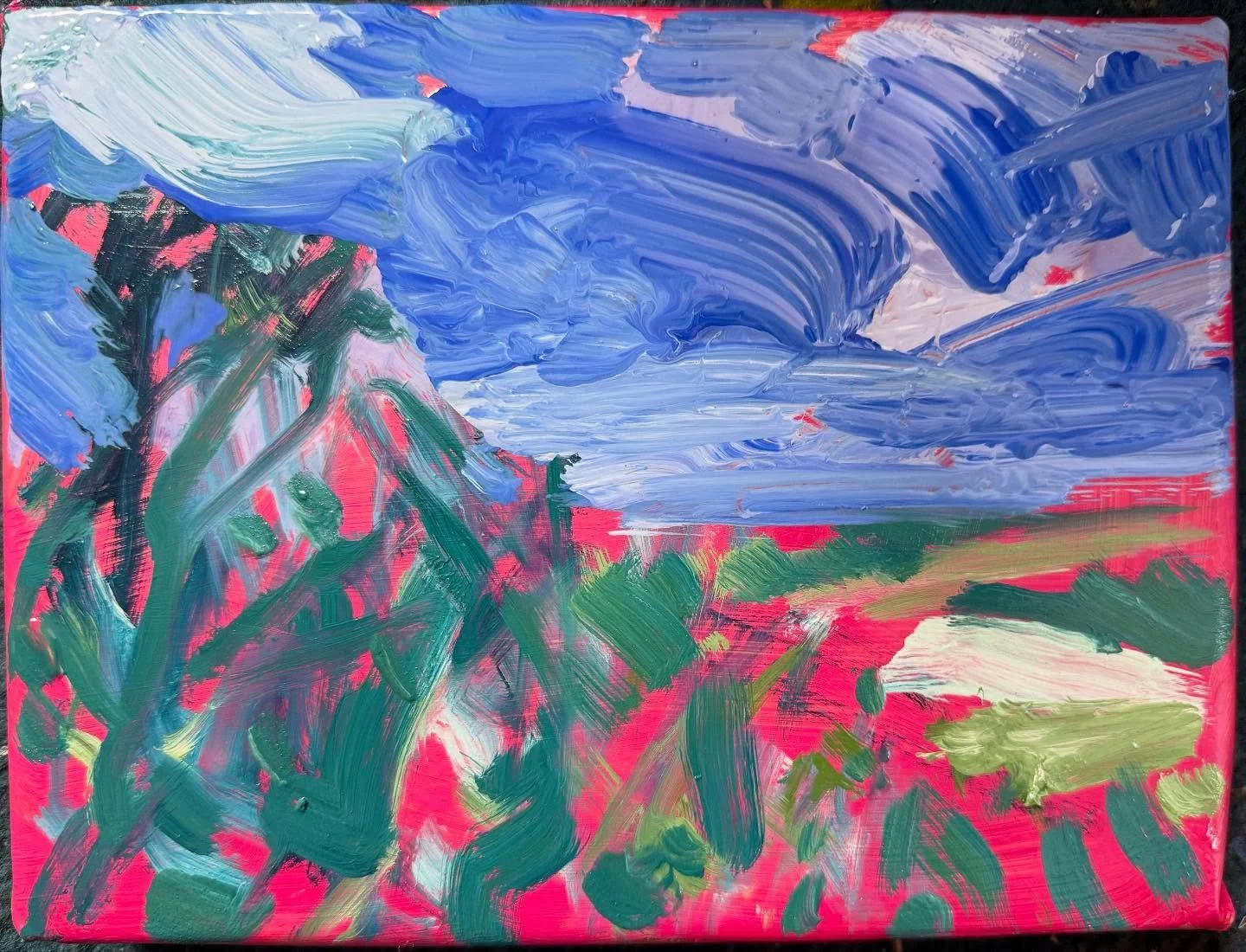 Enjoying some sploosing around in wet oil paint this morning in the studio after some very rapid watercolour studies at dusk last night. These will not remain as loose or as neon all over, but some of my last few small studies were getting too carefu