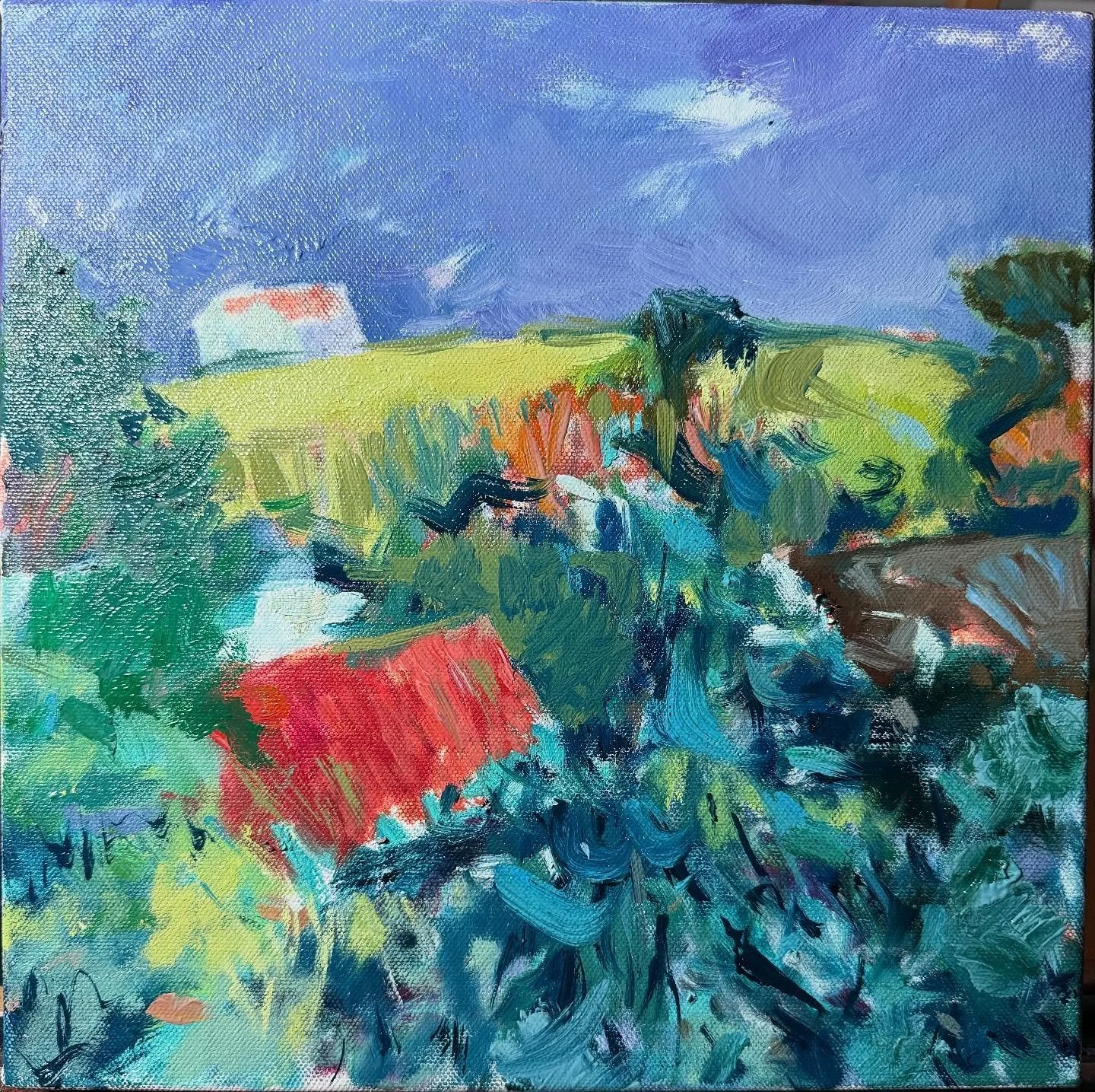 Valley above Portelet Bay. Although this is not quite working, it&rsquo;s a bit clumpy and heavy with paint, I think the scale is working better.  The size of the new-build going up on the hilltop completely dwarfs the old cottages in the dip. It ast