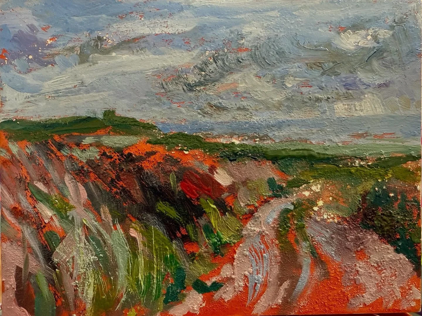 A small experiment on wood panel from the weekend. I&rsquo;ve been using crushed oyster shell to provide some texture to landscapes in areas. I think it works on this one but there have been a couple of horribly crusty numbers along the way!