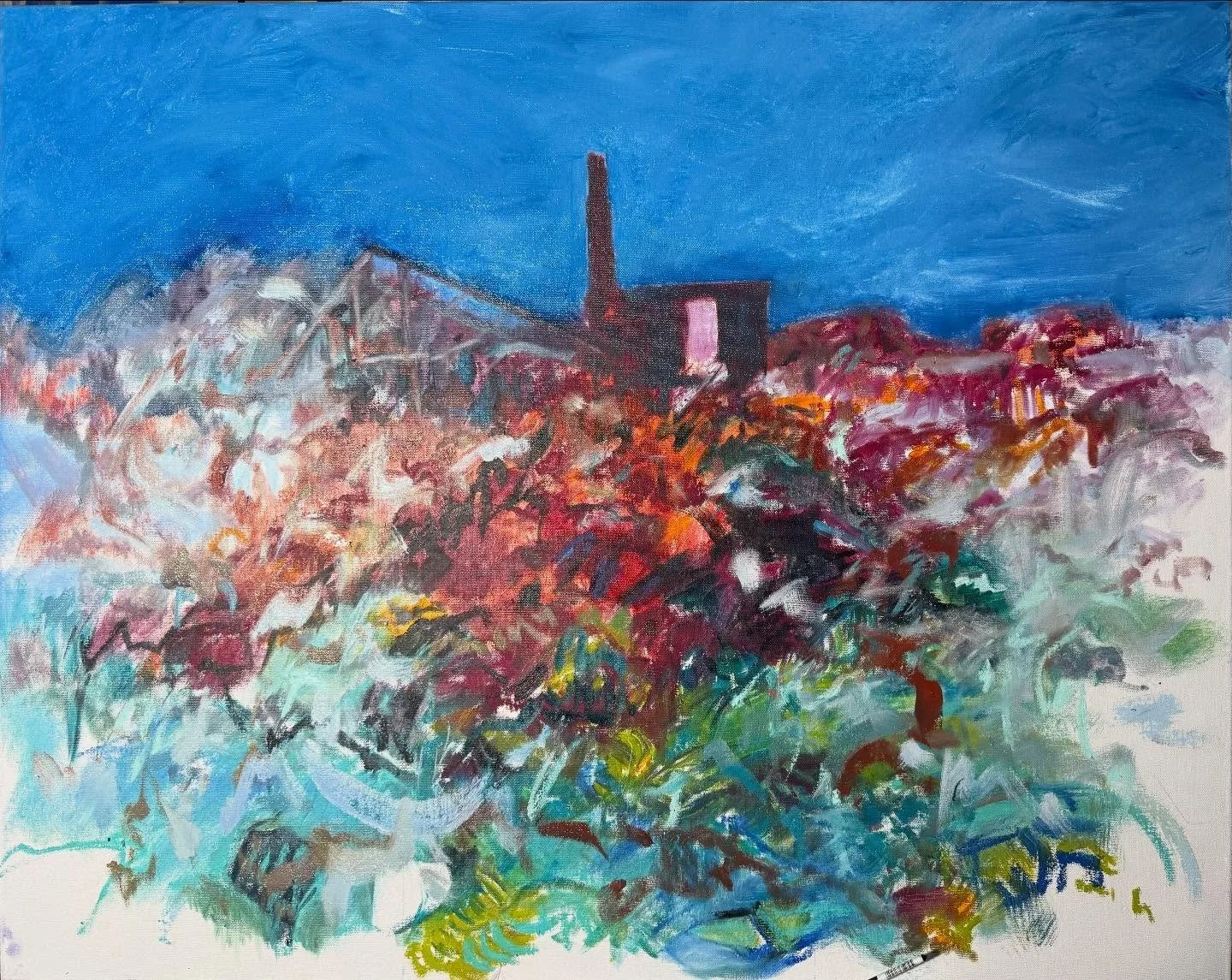 This is pulling together a little better to capture that strange eerie evening time just before darkness. I need to tamp down the yellow green more in the foreground.