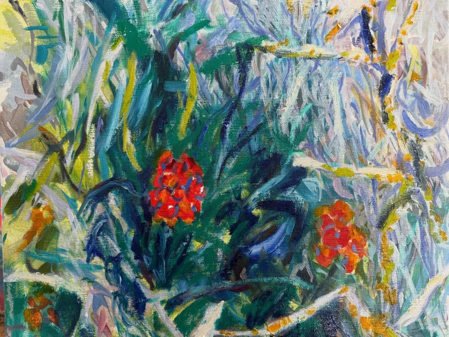 Blackthorn and cuckoo pint. Not finished yet, but this is working better spatially and compositionally I think. The ultramarine darks need toning down a bit still.