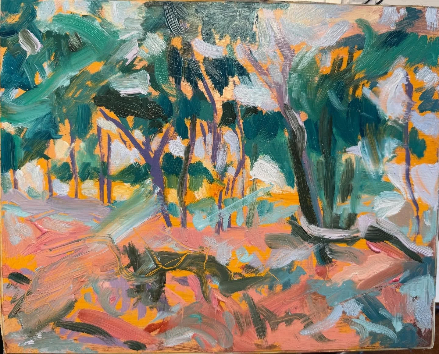 Another small WIP of the woods at Le Guet. It needs some areas of quietness still, but I&rsquo;m enjoying the ethereal pinks beneath the trees composed of decaying pine needles and bracken amongst the straggly gorse bushes and forest ferns. #guernsey