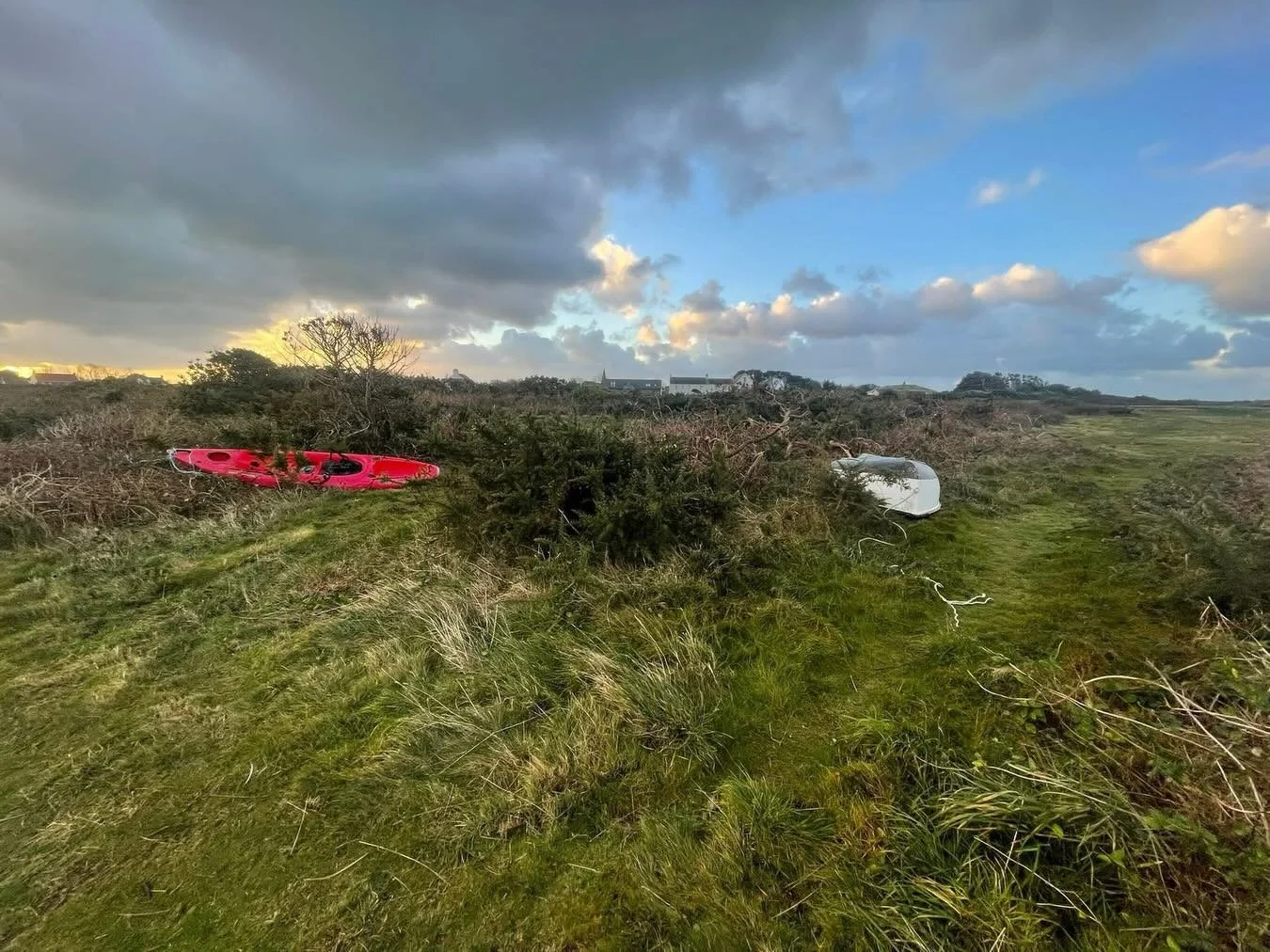 Canoes and dinghies flung high and wide on L&rsquo;Ancresse Common by Storm Goretti last night.