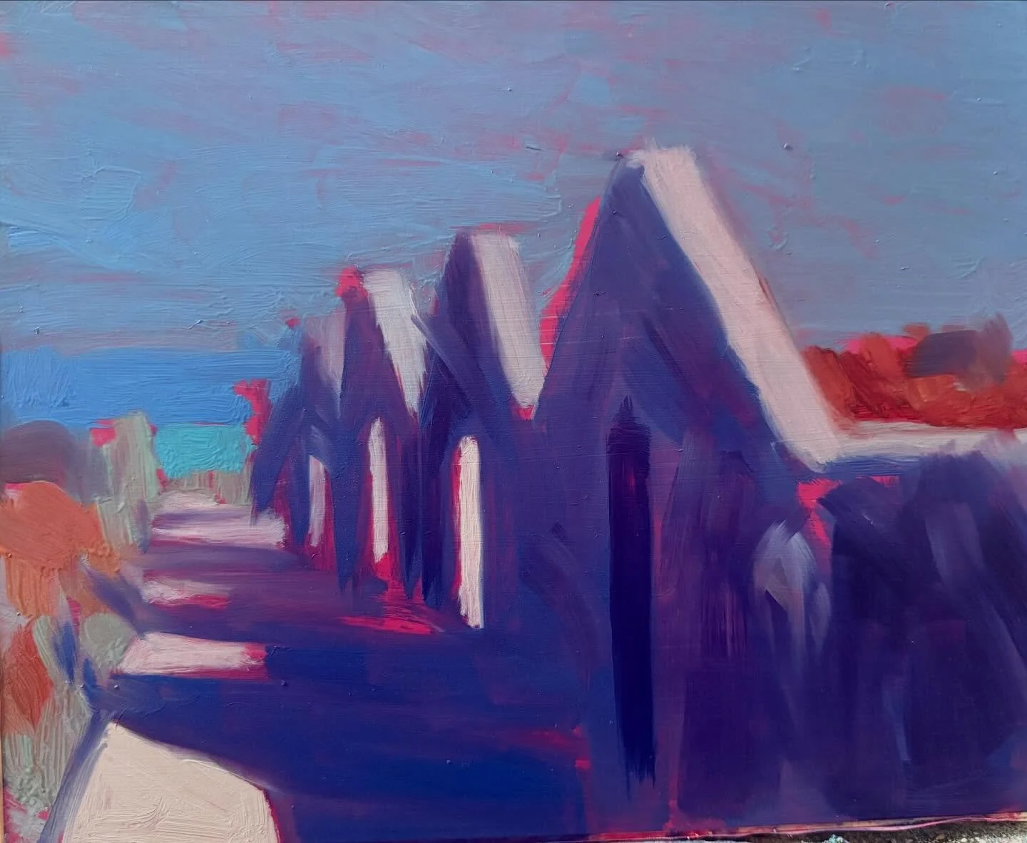 Start of a small painting of a row of derelict fisherman&rsquo;s cottages near Rocquaine overshadowed by the multimillion pound mansion Ocean House.