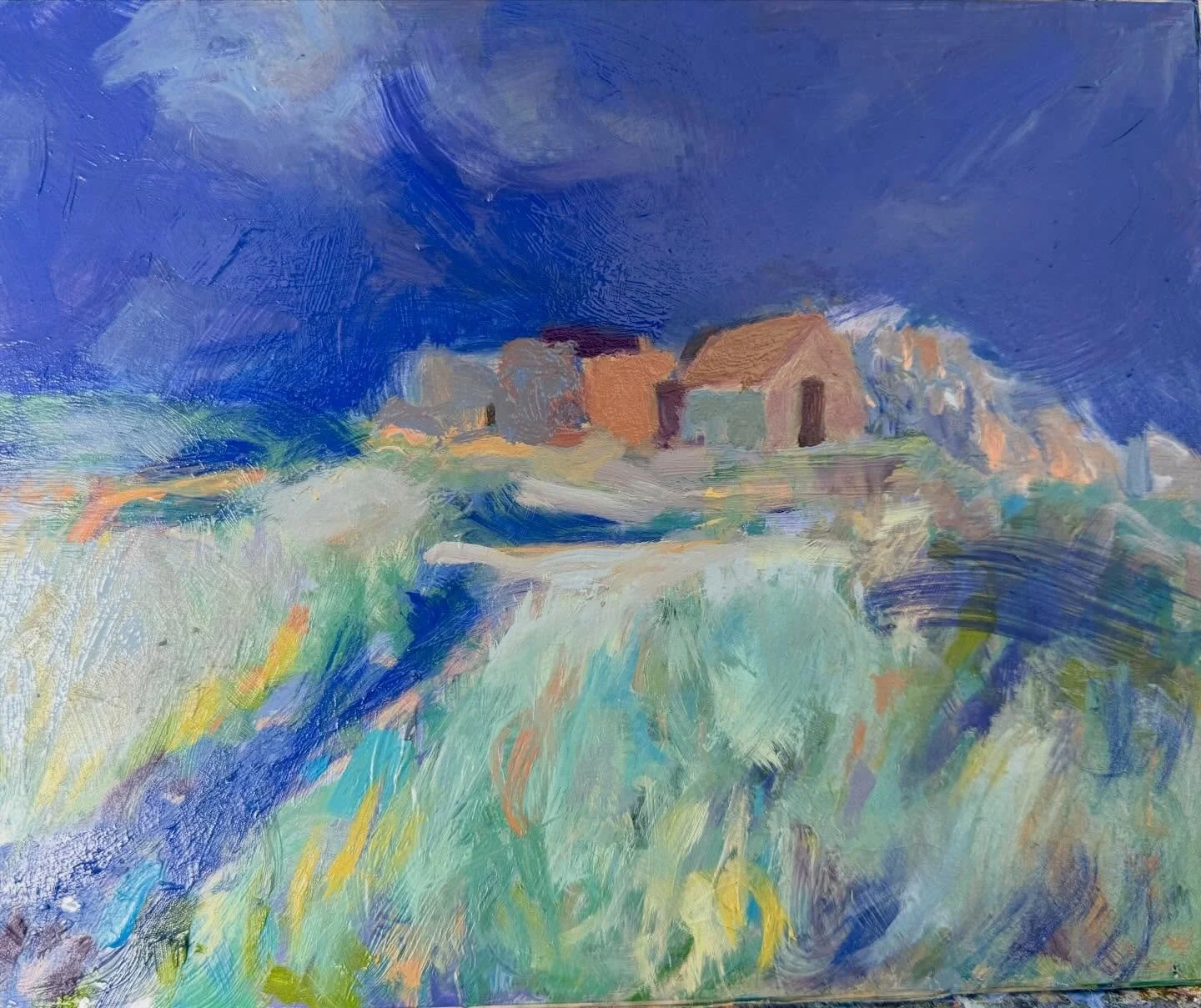 Impending Storm, Grandes Rocques Battery. Small painting on metal.