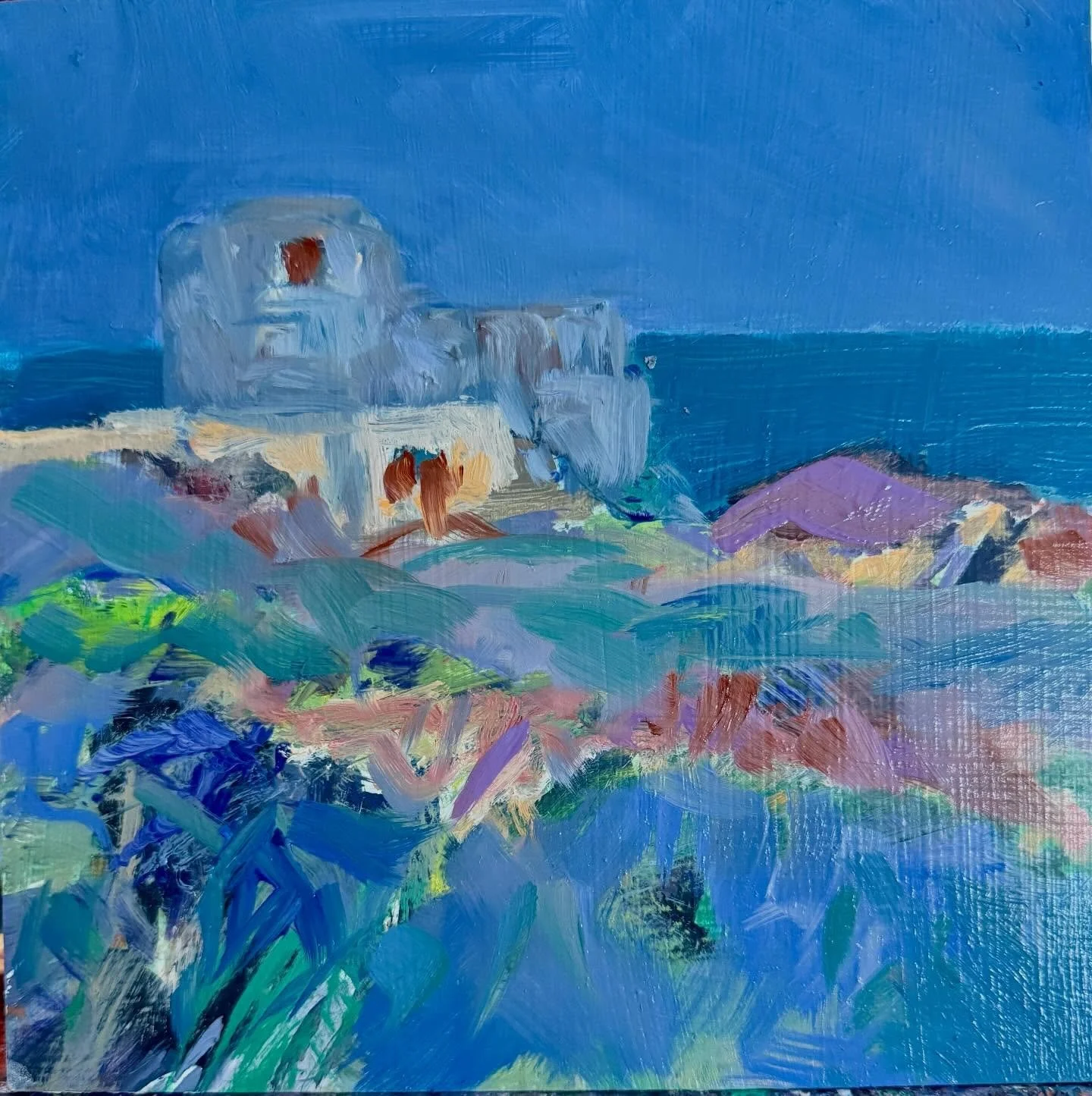 Small painting (20 x 20cm) of Fort Doyle. One of a series of remembered paintings made after walking around the headland taking in small glimpses of undergrowth and wider views.