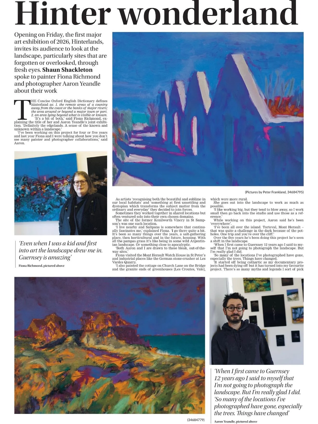 Lovely article in the Guernsey Press today about Hinterlands. Thanks so much to Shaun Shackleton for visiting on Tuesday evening in time to get it in the arts page today, and to Peter Frankland for the photos. We really appreciate it! The opening is 