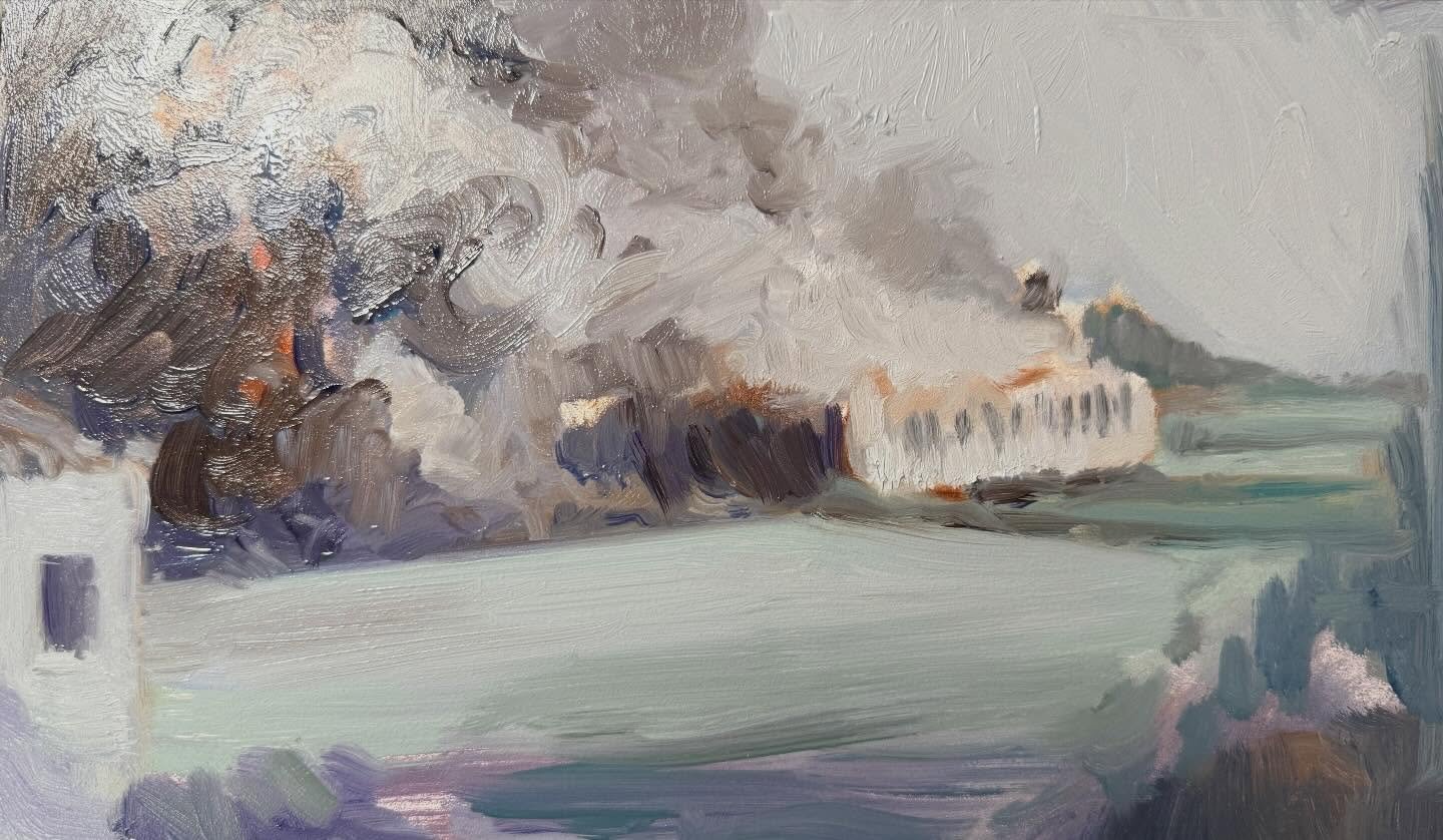 Small unfinished study from an archive photograph of the burning of the slave quarters at Paradis, Beaucette, after the end of the Occupation of the islands in WWII. The house on the site was called Paradis long before the war - ironic for such a ble