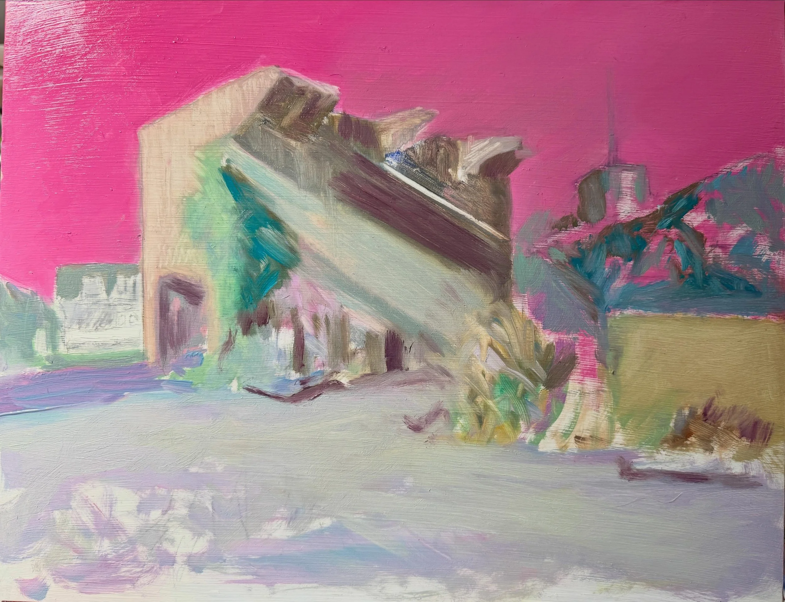 At last, a few hours of painting time! Some oddly charged underpainting. I can&rsquo;t seem to get this building out of my head. Rather appropriate to be starting it on Liberation Day I thought!