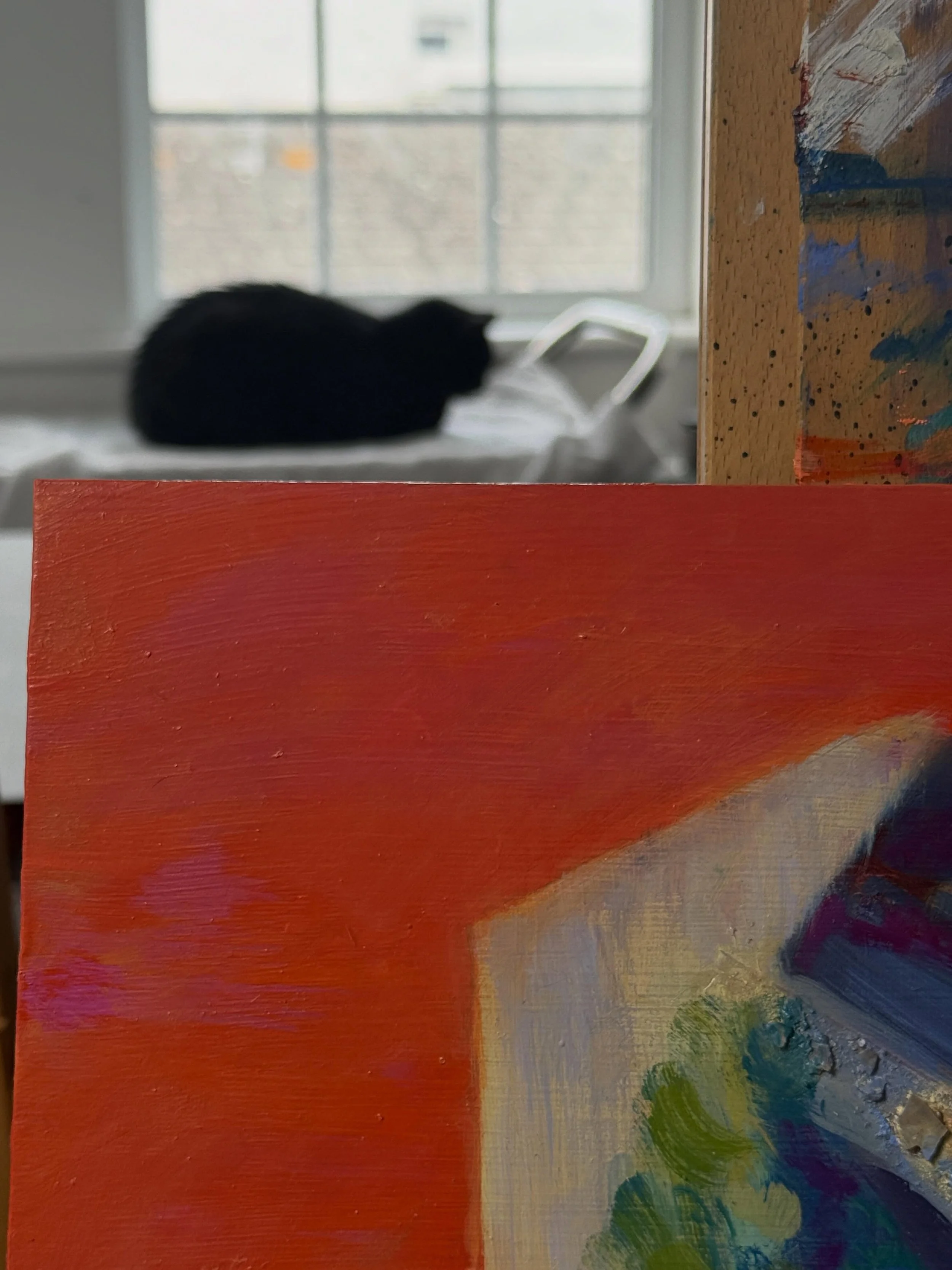 It&rsquo;s so lovely to have a whole afternoon in the studio for a change! Kitty has commandeered my painting trolley so I&rsquo;ve covered it with an old towel to keep him from becoming multi-coloured this week. I&rsquo;m really enjoying working on 