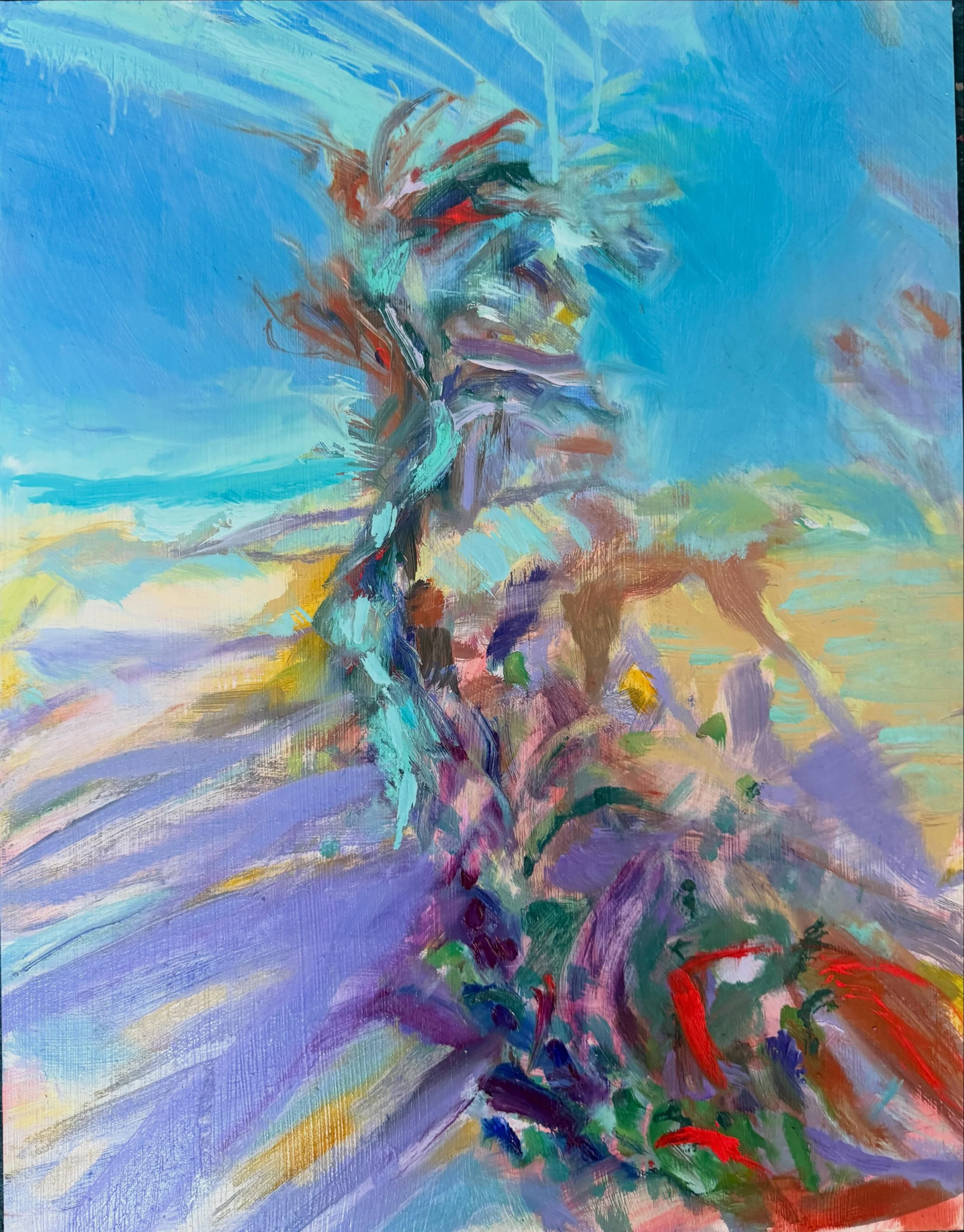 The boundary blackthorn tree at Houmet Paradis. Not finished, but assembling slowly. Shady hedgerows, pools of dappled light and aeroplane sky trails layering together, while thinking of the rutted north east coastal pathways overlooking Herm and Sar