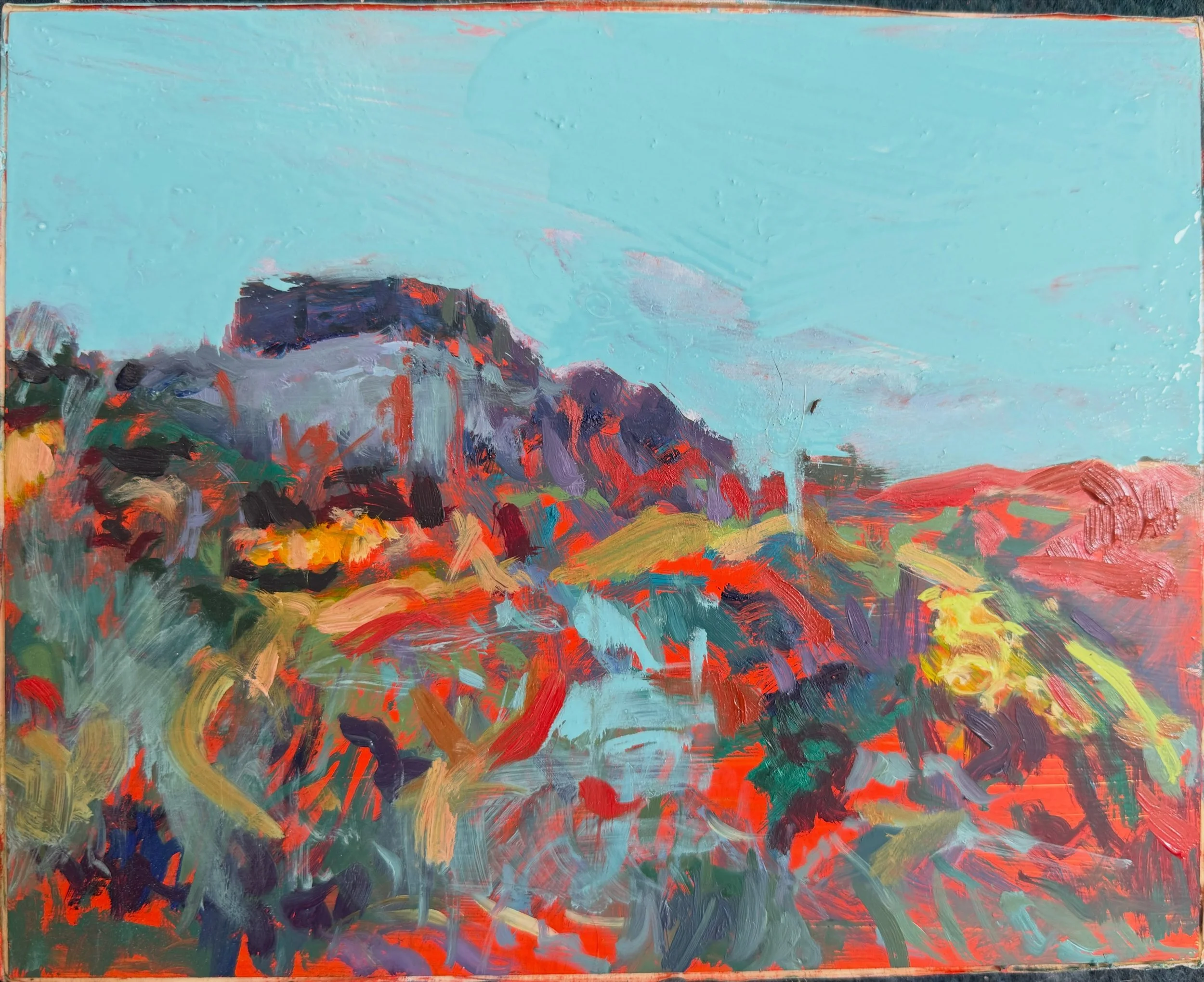 I&rsquo;d thought this tiny painting on copper was unsalvageable as it had become to much mark-making and noise.  At the weekend I obliterated the rather lovely clouds entirely and it now hangs together so much better I think. So often we get strange