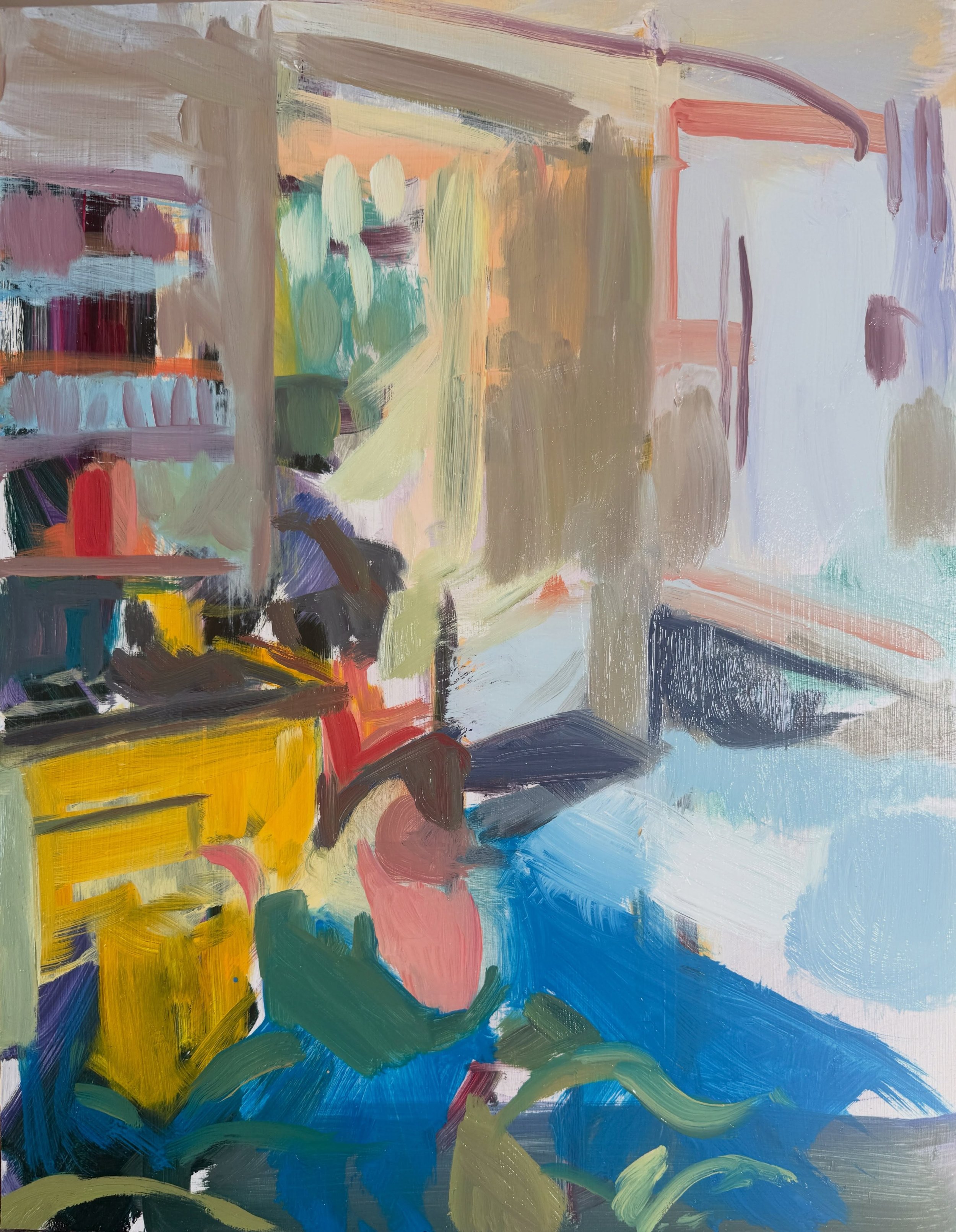 The beginnings of a small painting on aluminium of the basement washroom in the rectory. This is a dark and gloomy space which comes alive when the sun filters in illuminating the dust motes and an array of obscure items from the past. A treasure tro