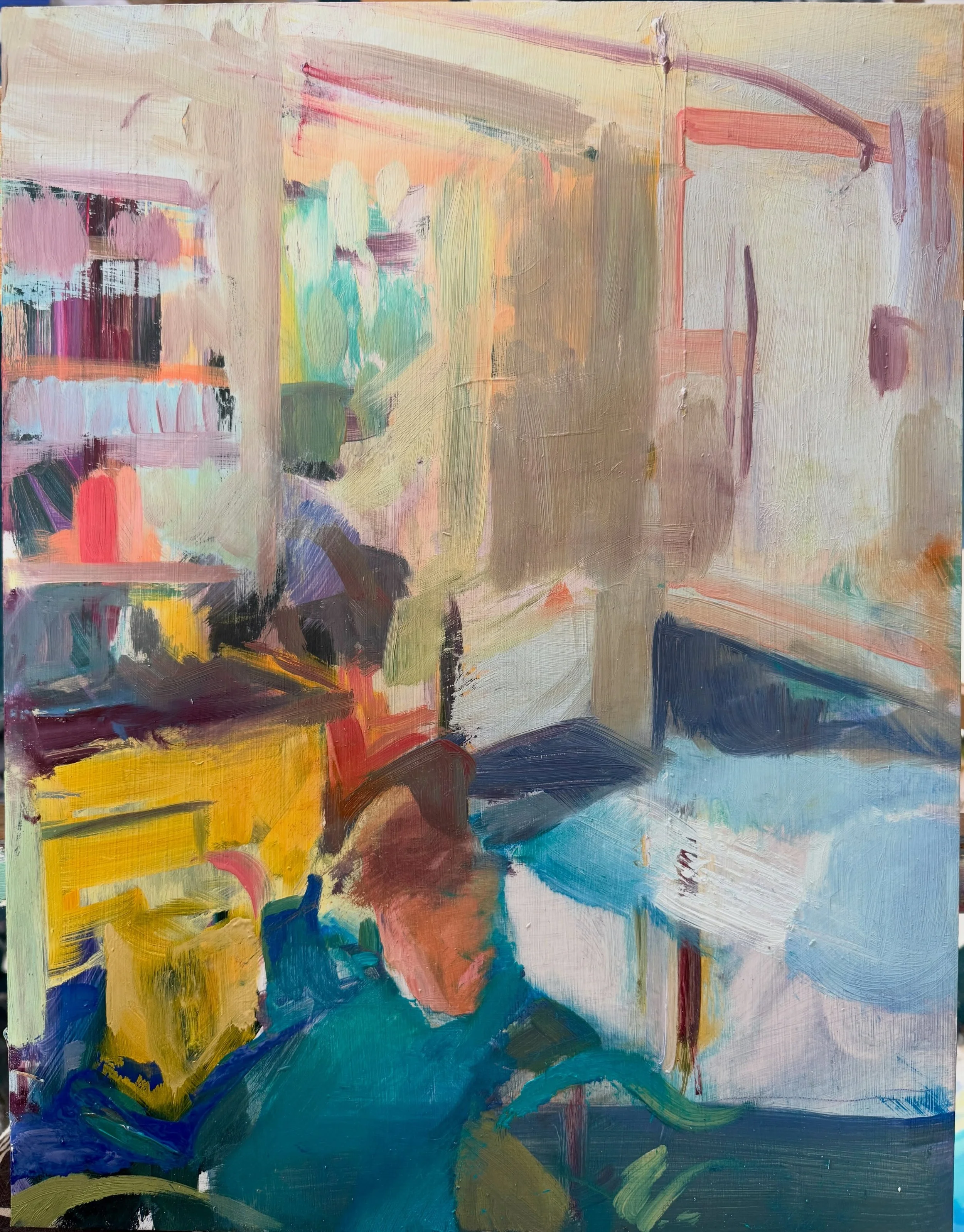 Taking this slow. WIP. Gloomy basement light, fleeting children&rsquo;s voices and bags of washing anticipating a soak and churn. Oil on aluminium.