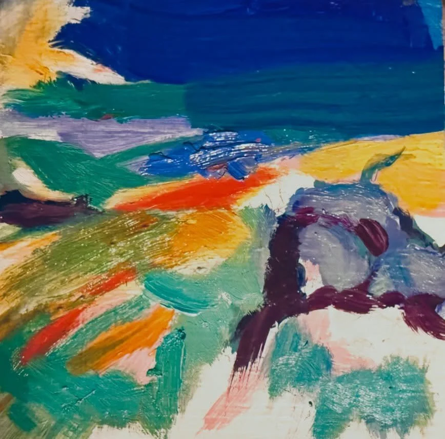Tiny dramas high at Le Trepied Dolmen looking down on the darkening autumnal sea. Oil on board, 5x5cm